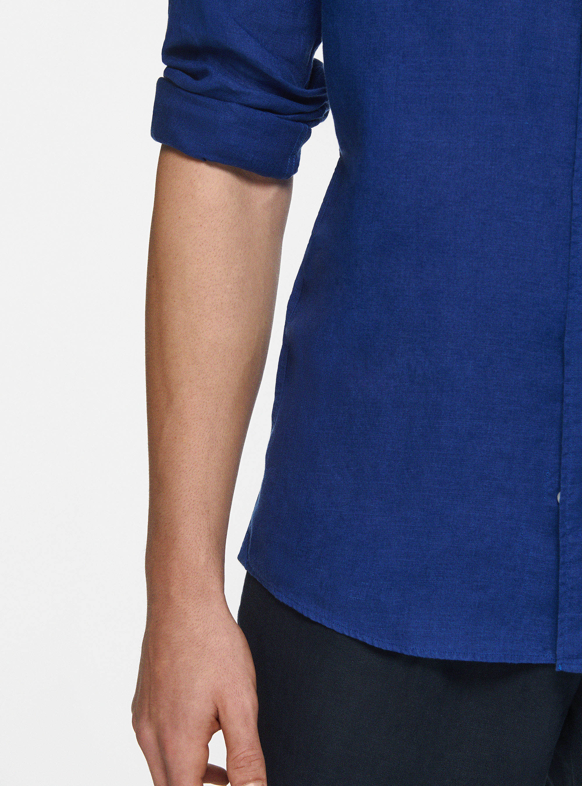 Camisa coreana en puro lino, AZUL MEDIO