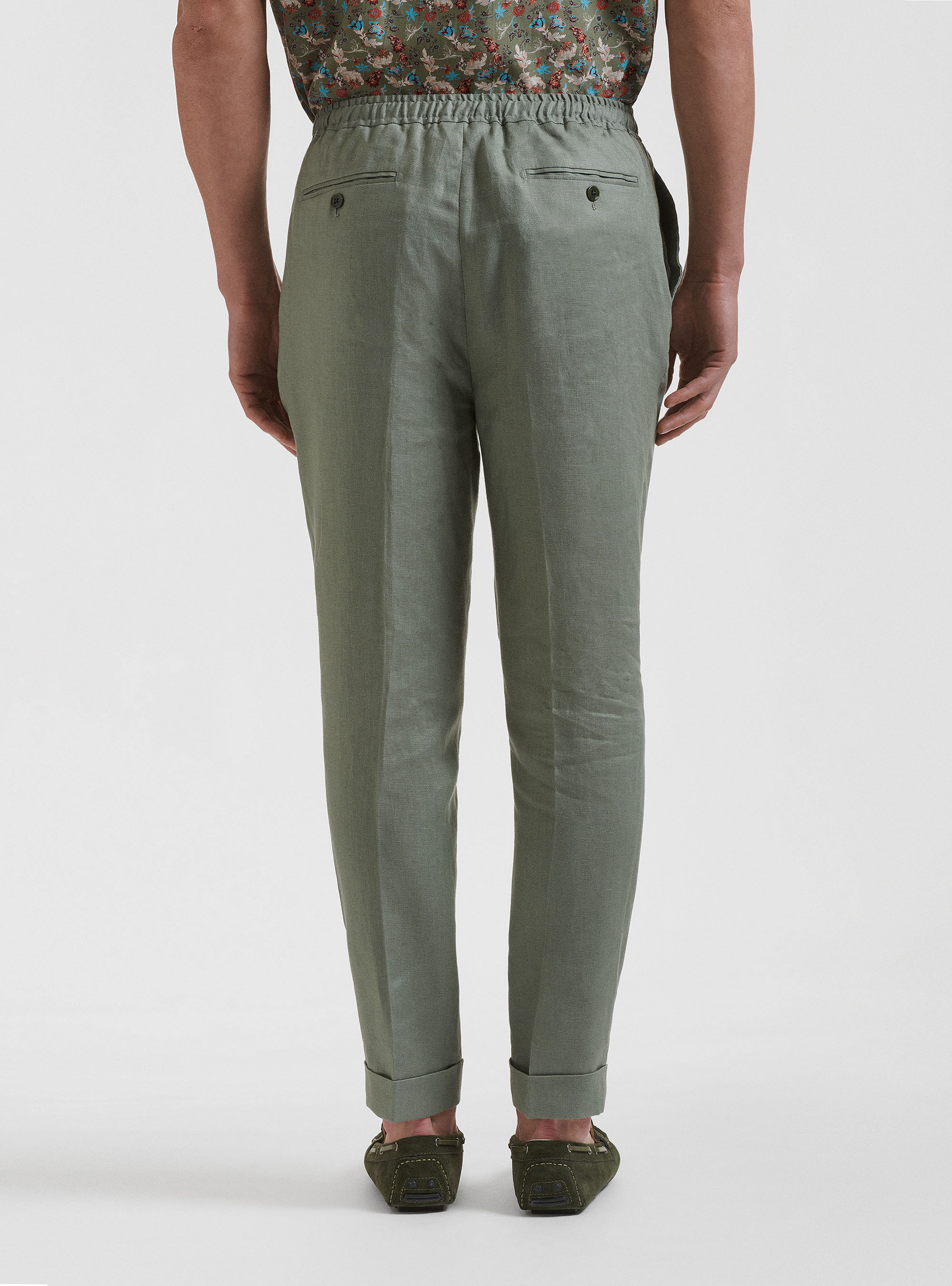 Pantaloni con pince e coulisse in puro lino, SALVIA 0602C