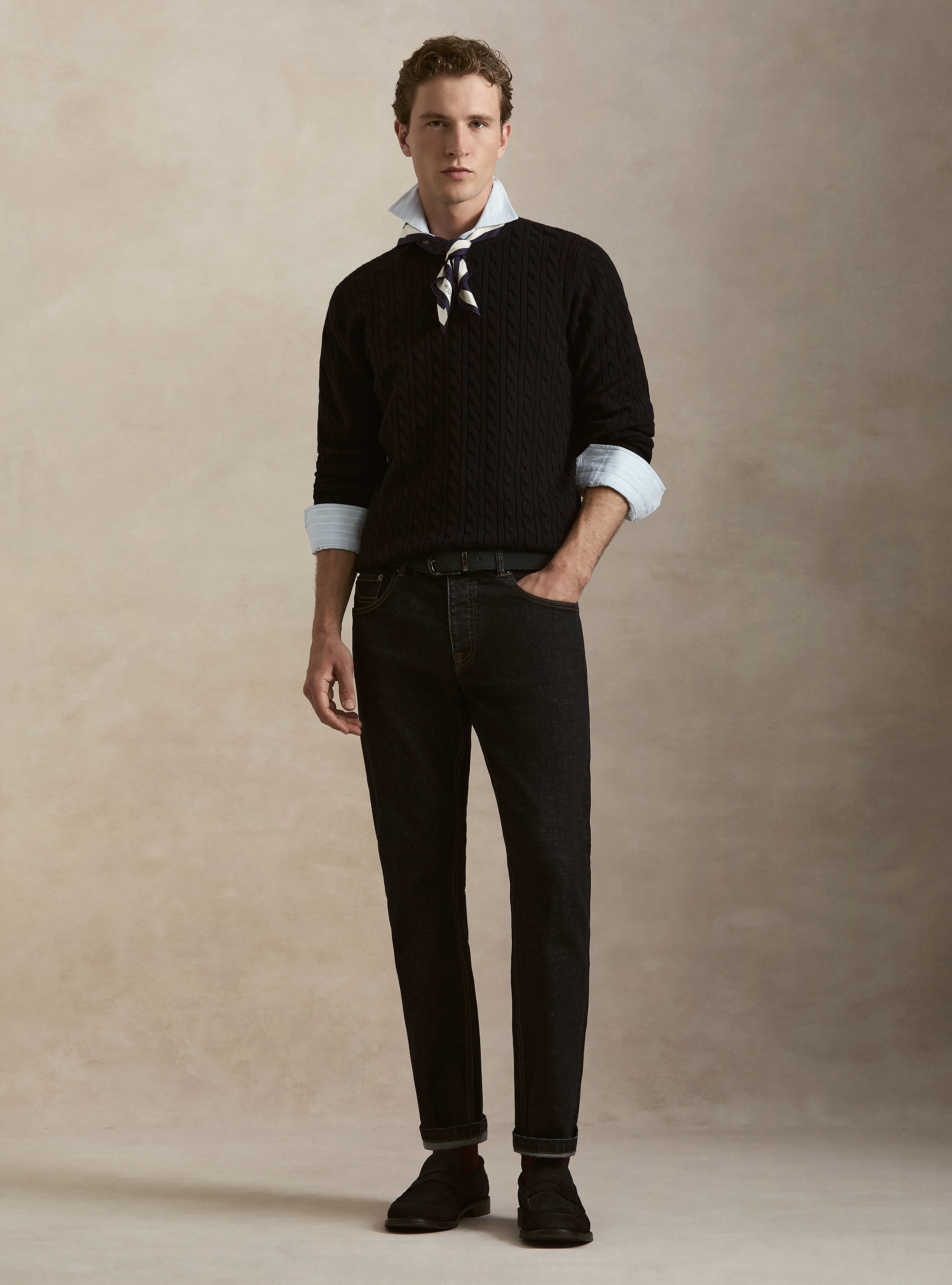 Girocollo in maglia con treccia in lana cashmere, BLU NAVY