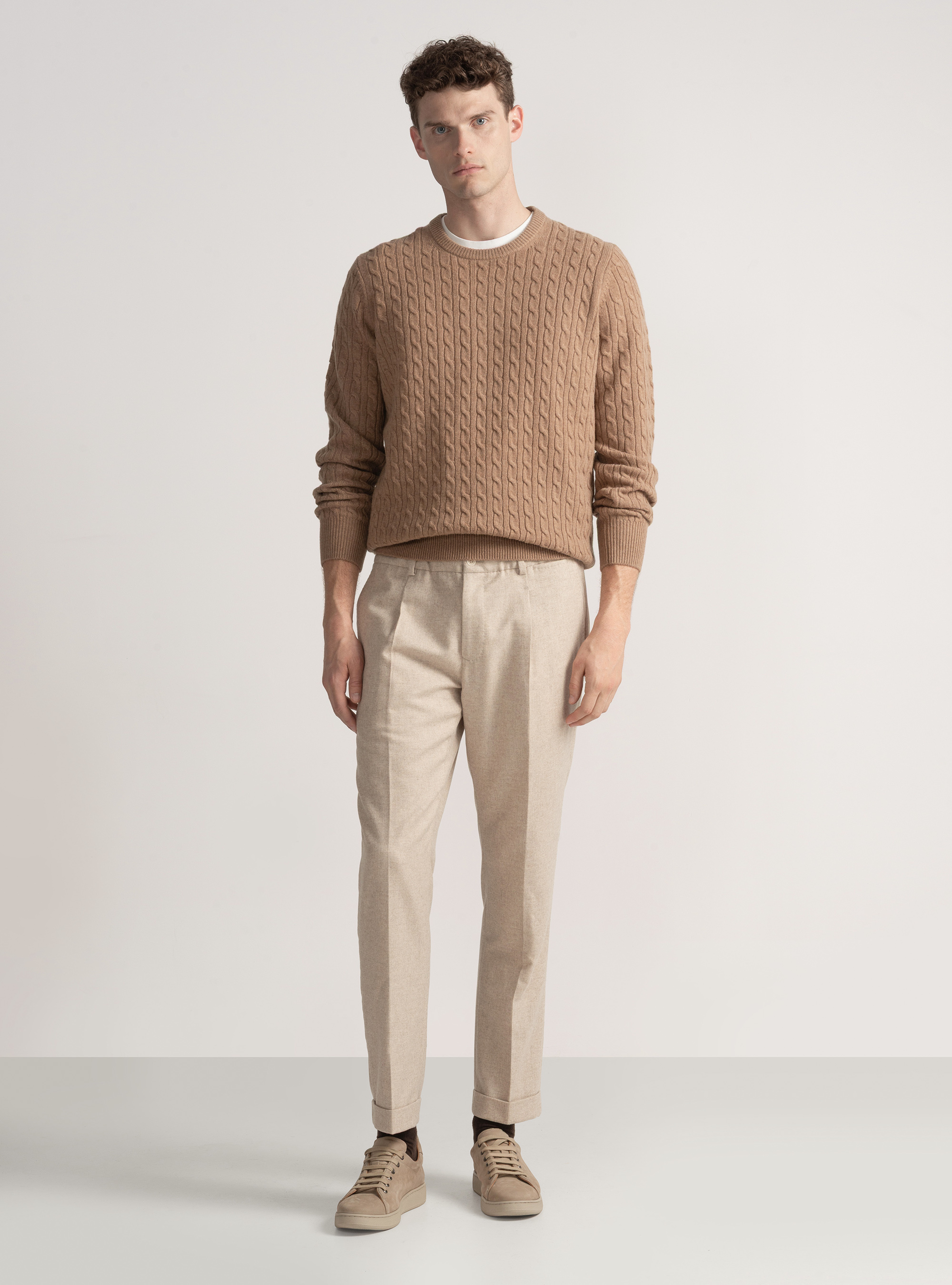 Crew-neck sweater with wool and cashmere braid, CAMMELLO 0570C