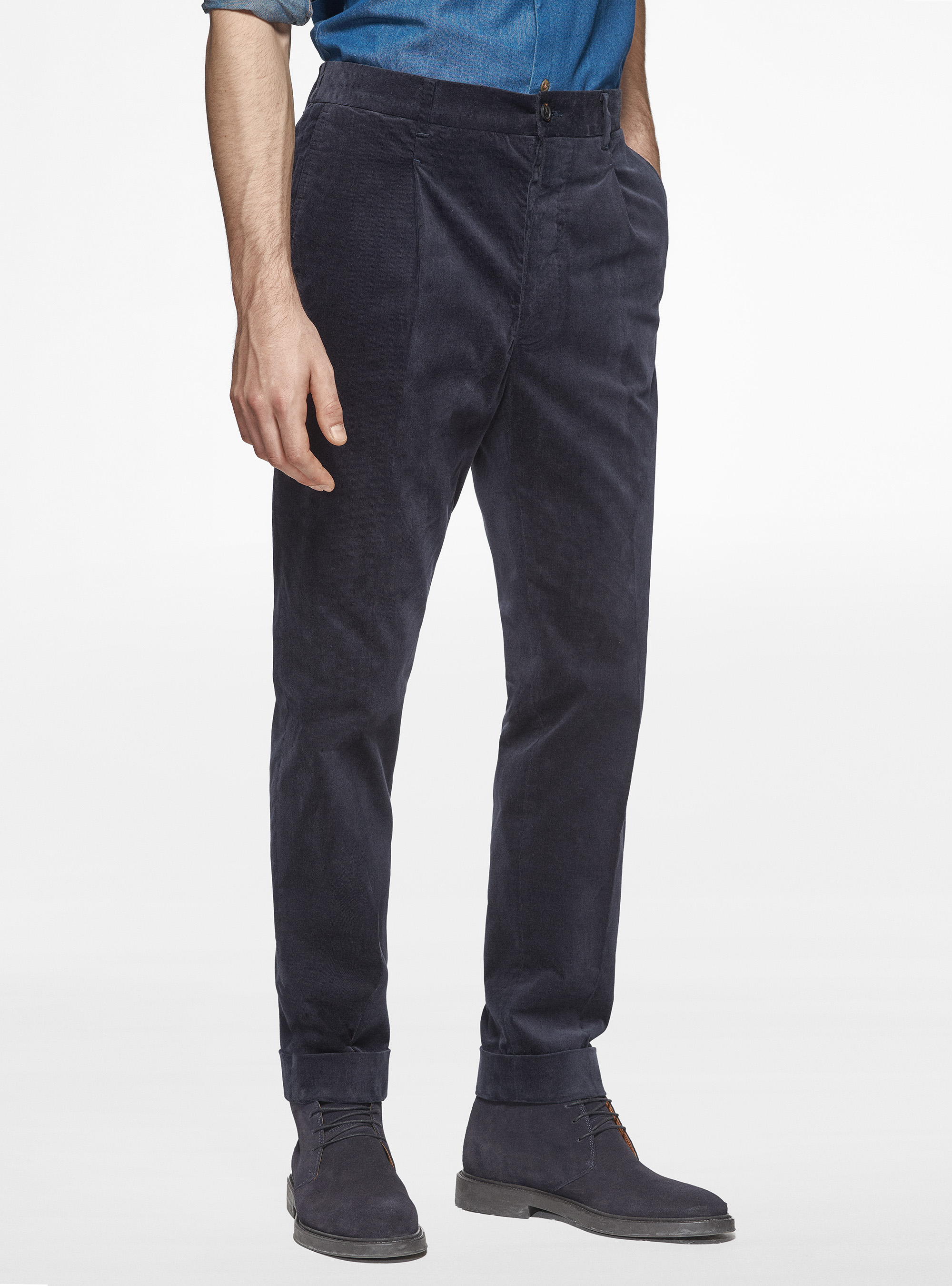 Pantaloni con elastico in velluto millerighe, BLU NAVY