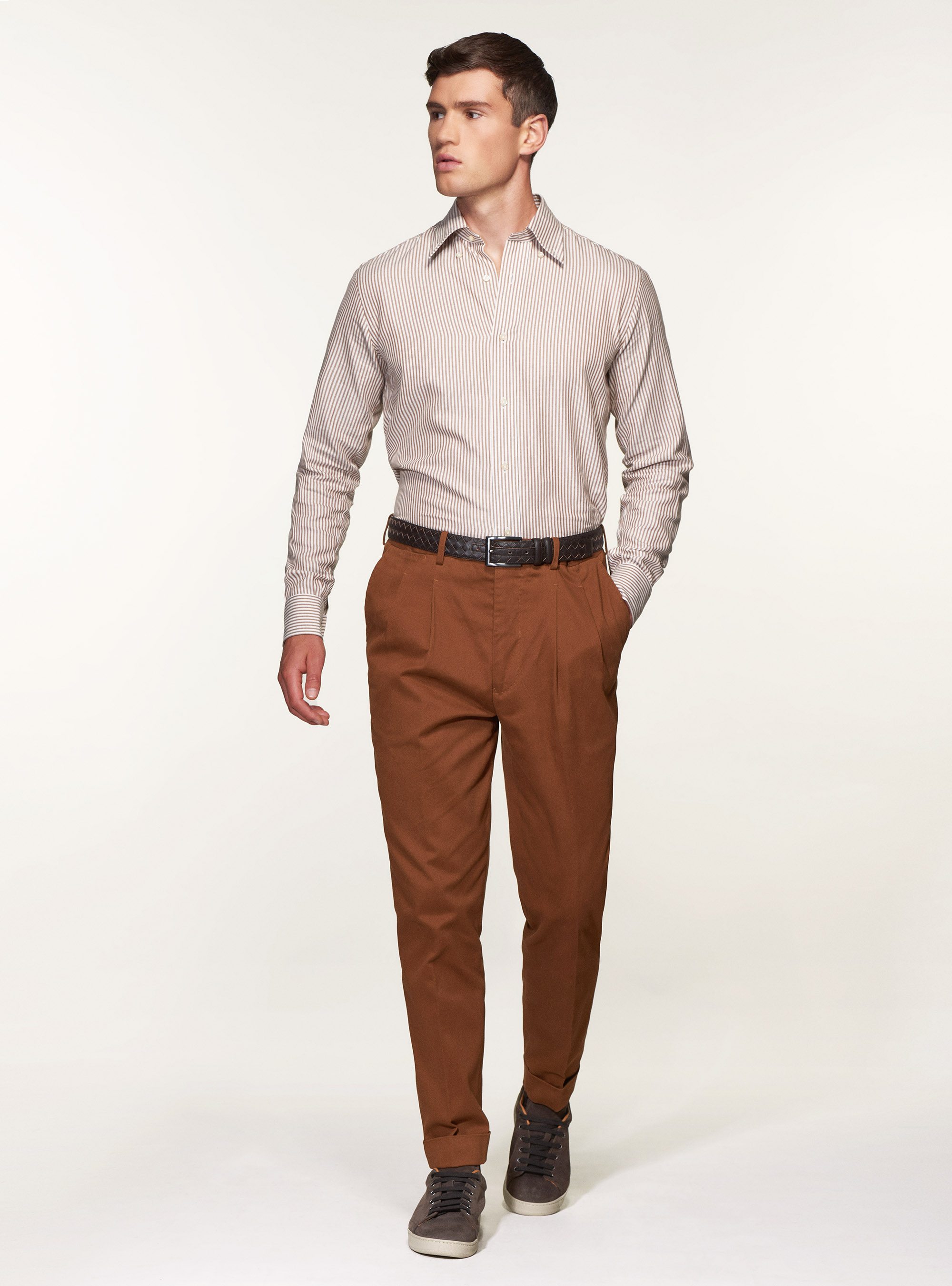 Pantaloni doppia pince in twill di cotone smerigliato, TABACCO