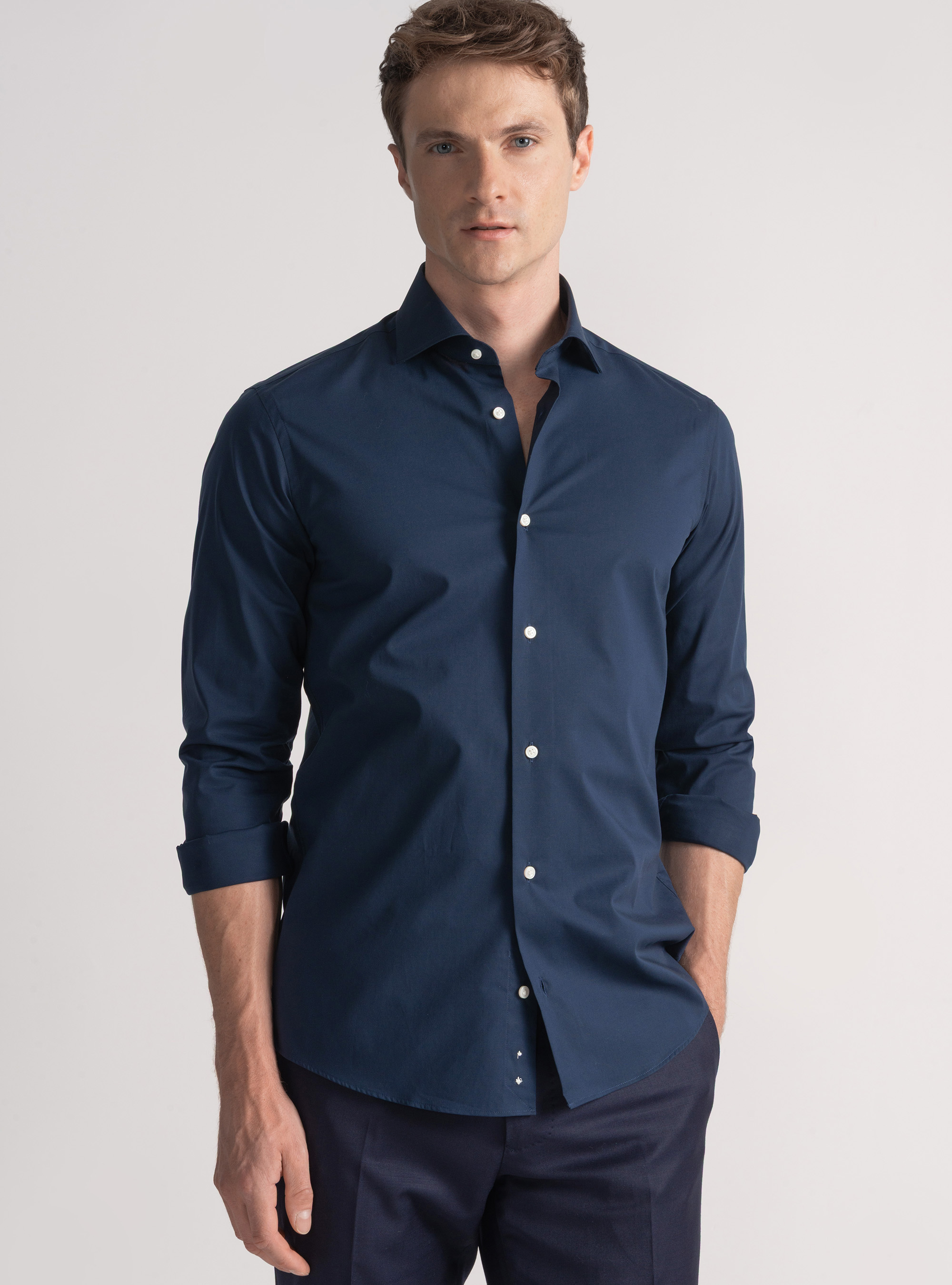 Camicia in cotone popeline stretch, BLU NAVY