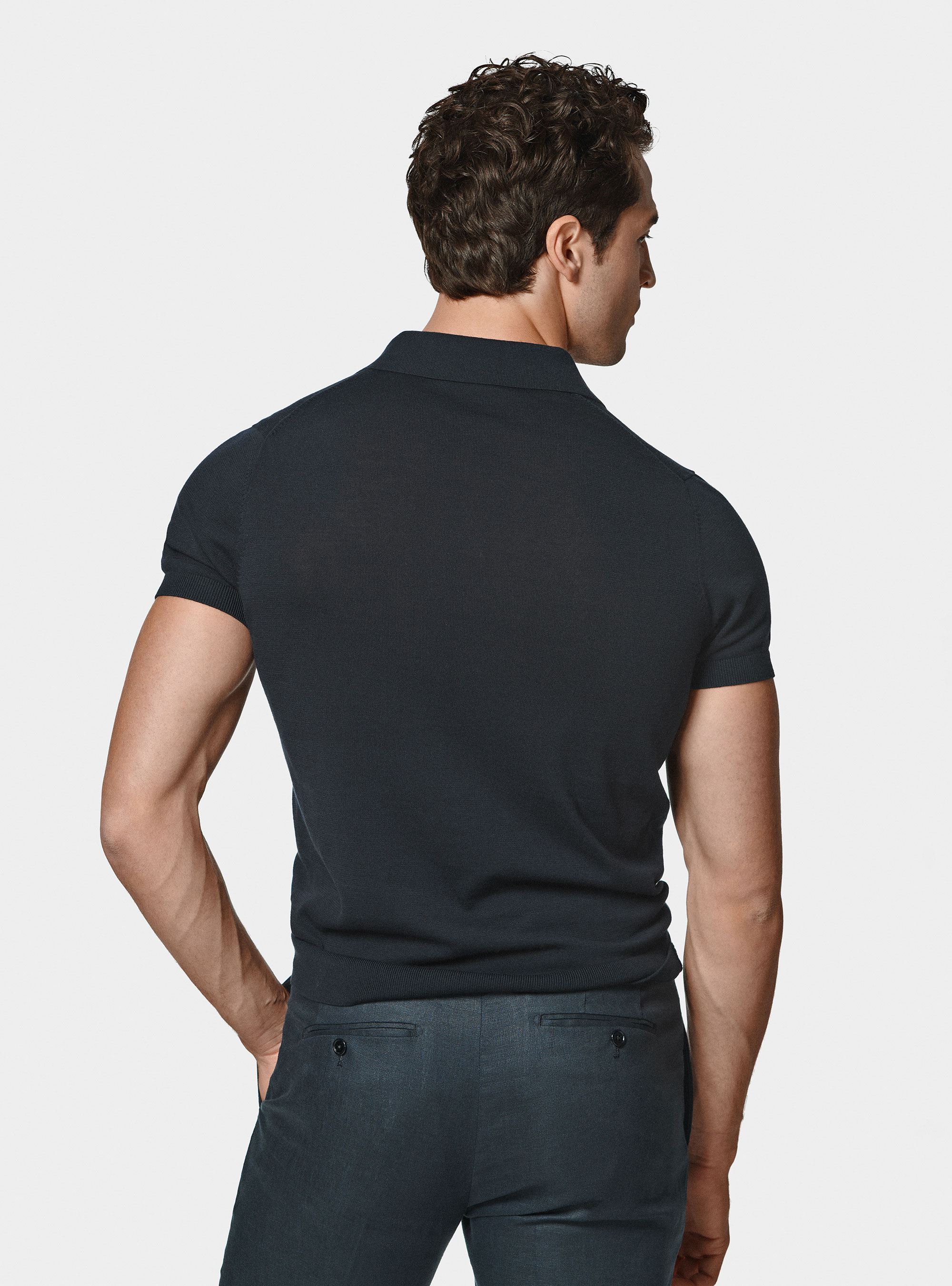 Polo in maglia senza bottoni in cotone extrafine, BLU NAVY