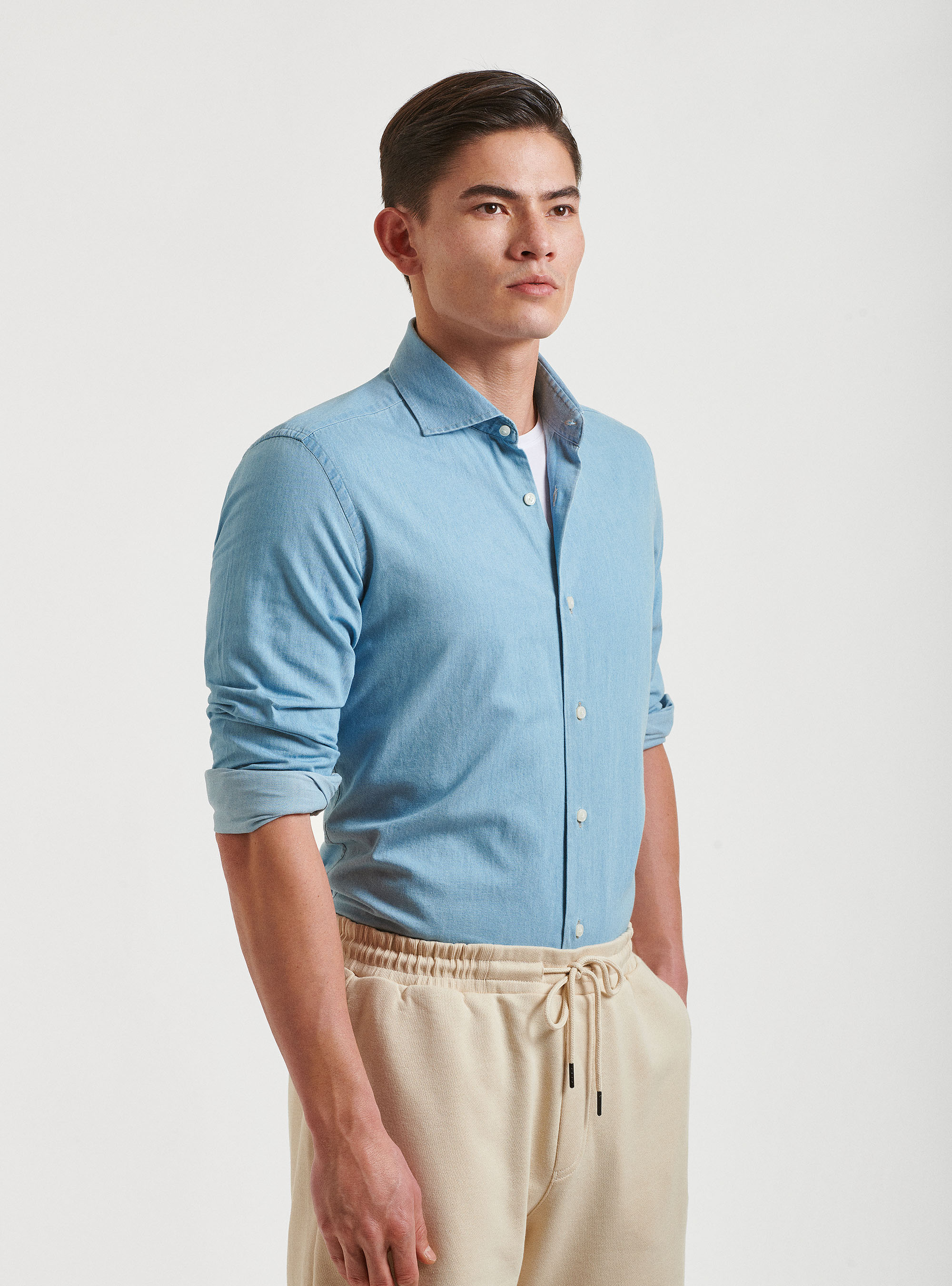Camicia denim in cotone chambray, AZZURRO