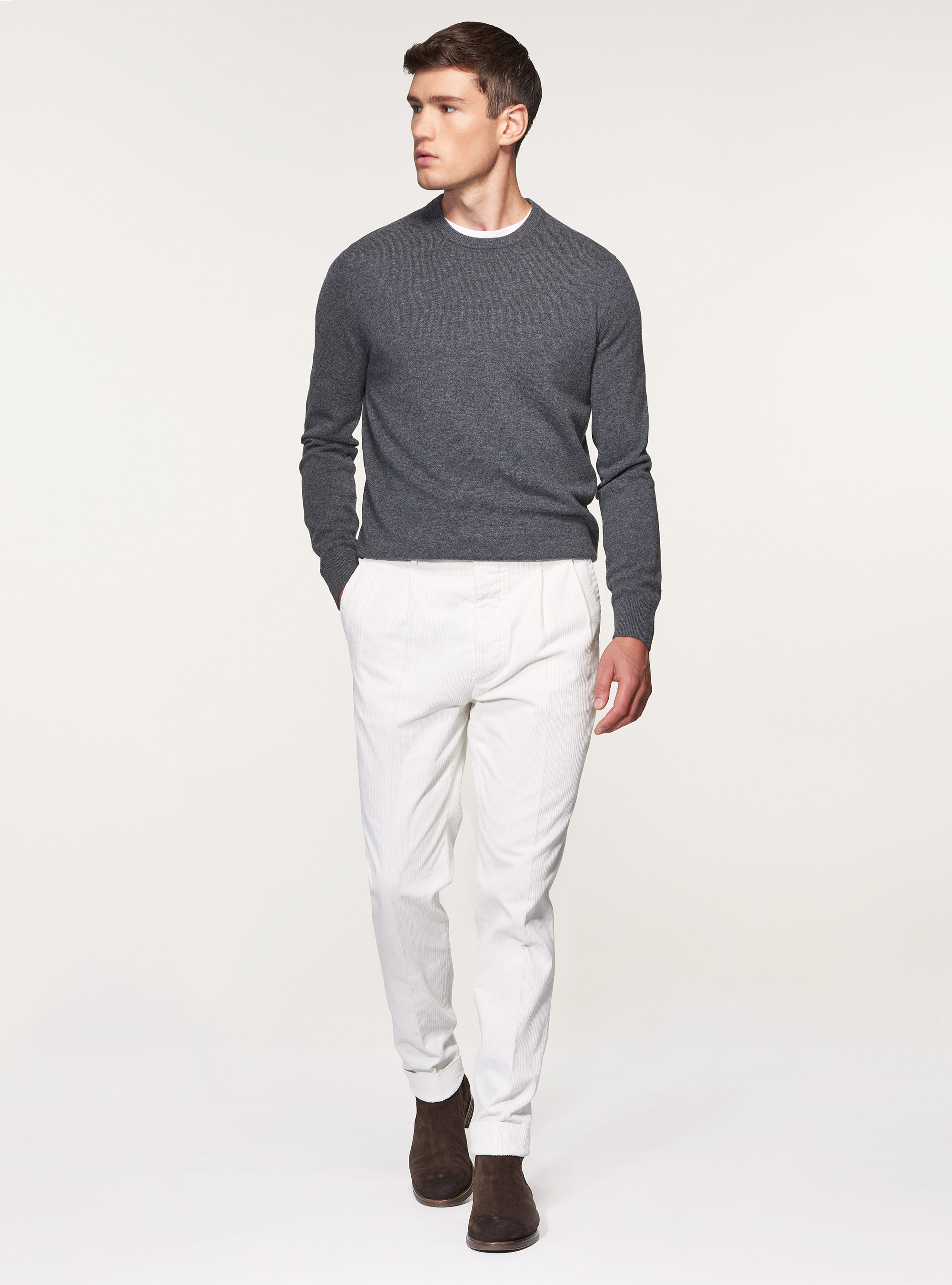 Jersey de lana de cordero y cachemira con cuello redondo, GRIS MARENGO