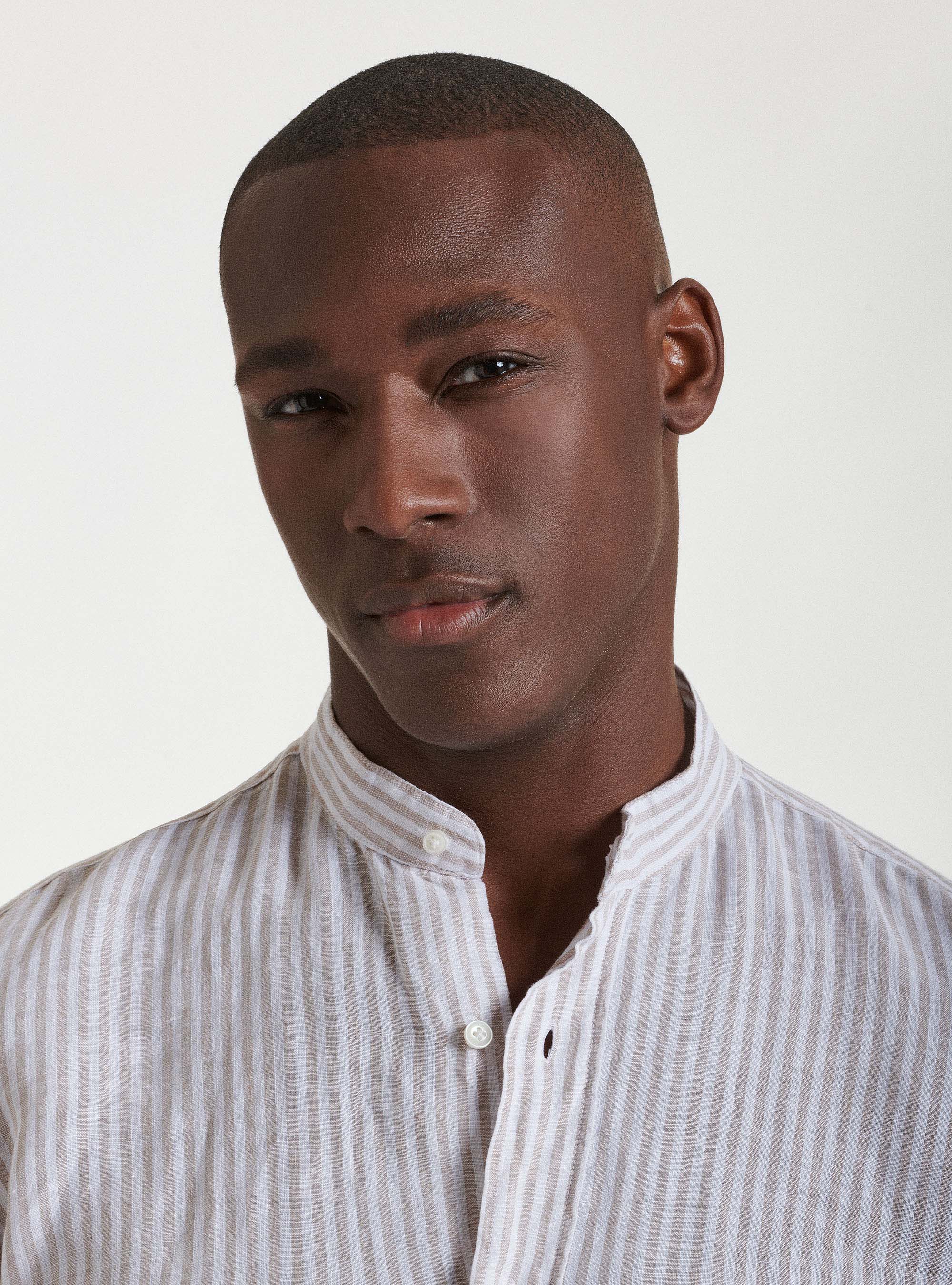 Korean collar shirt in pure linen striped, SAND