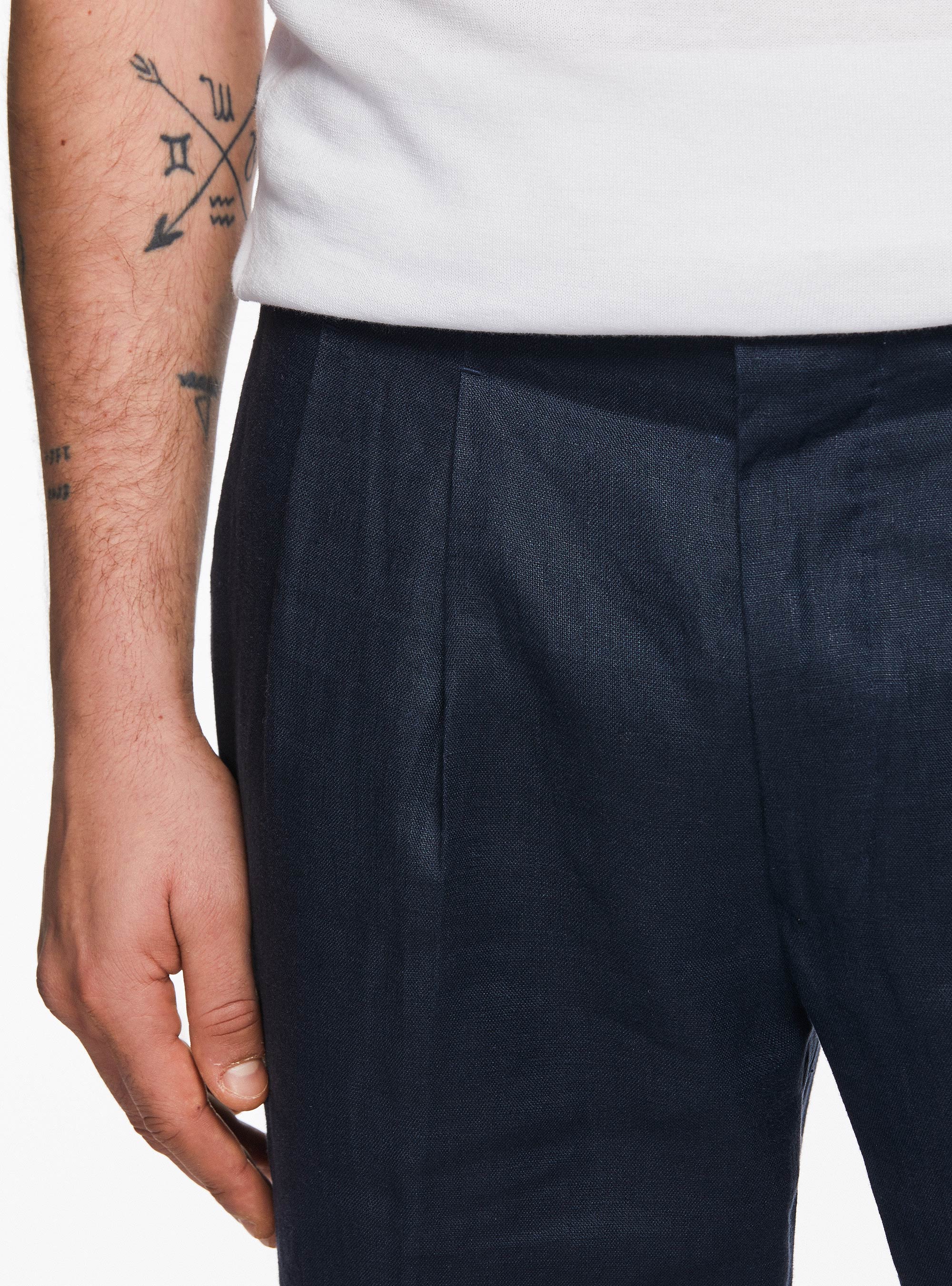 Pantaloni doppia pince in puro lino, BLU NAVY