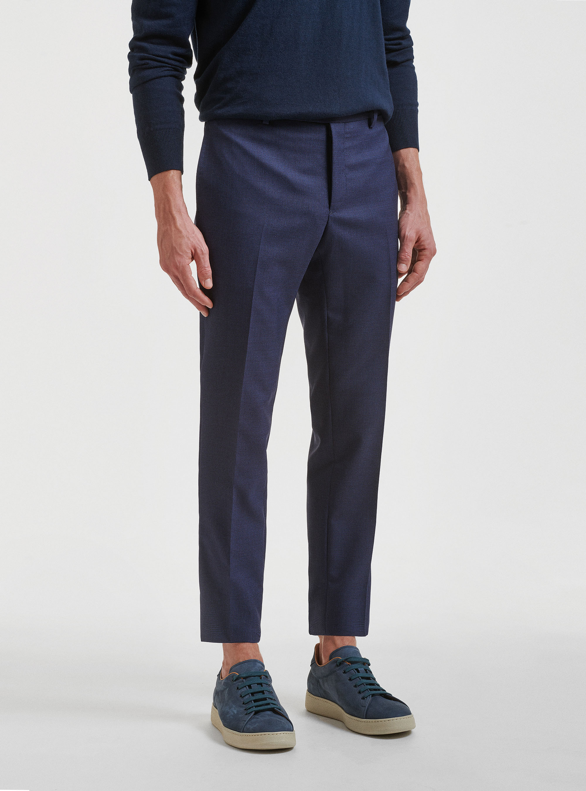 Pantaloni per abito in pura lana pied de poule, BLU NAVY