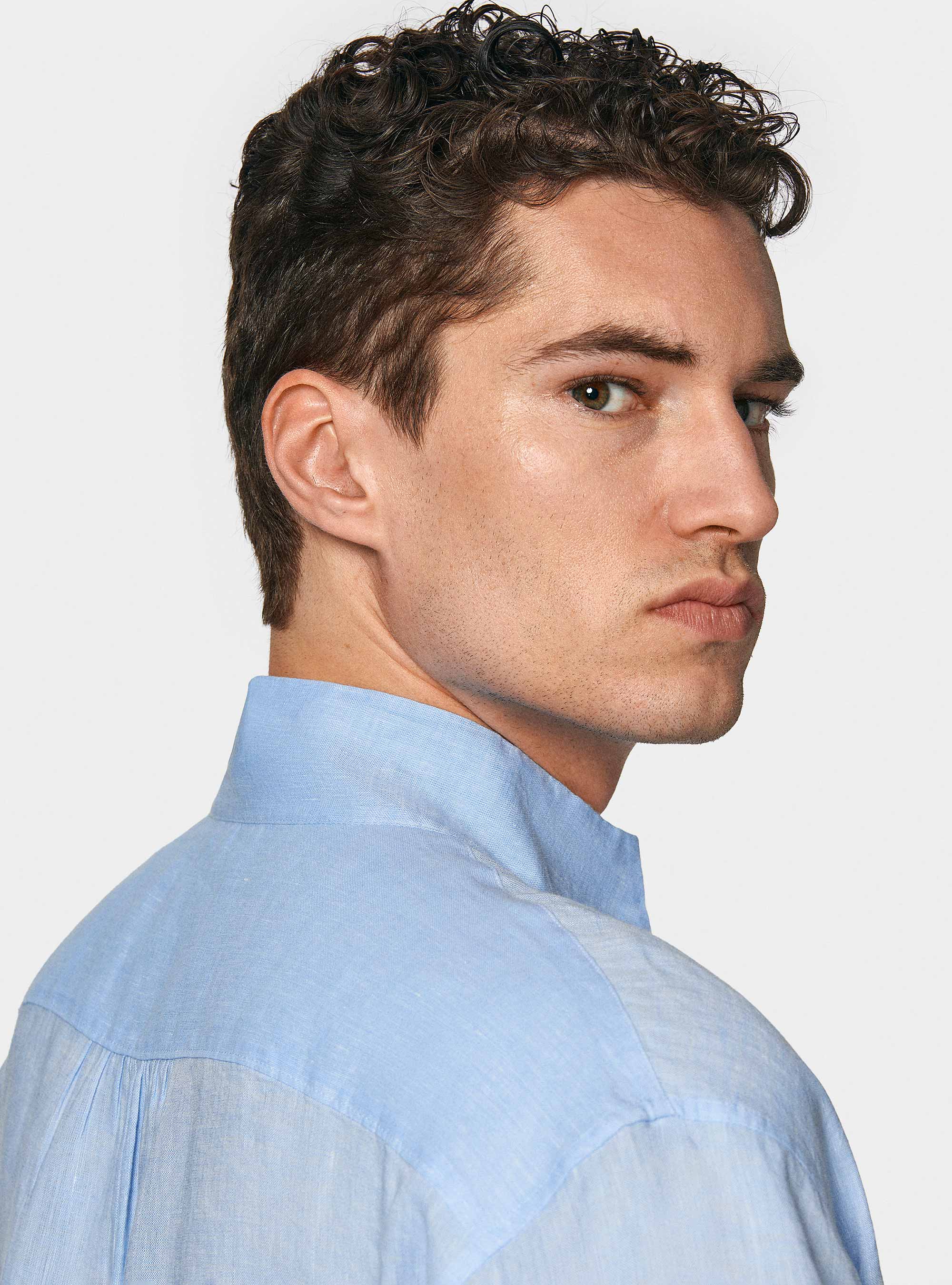 Camisa coreana de lino puro, CELESTE