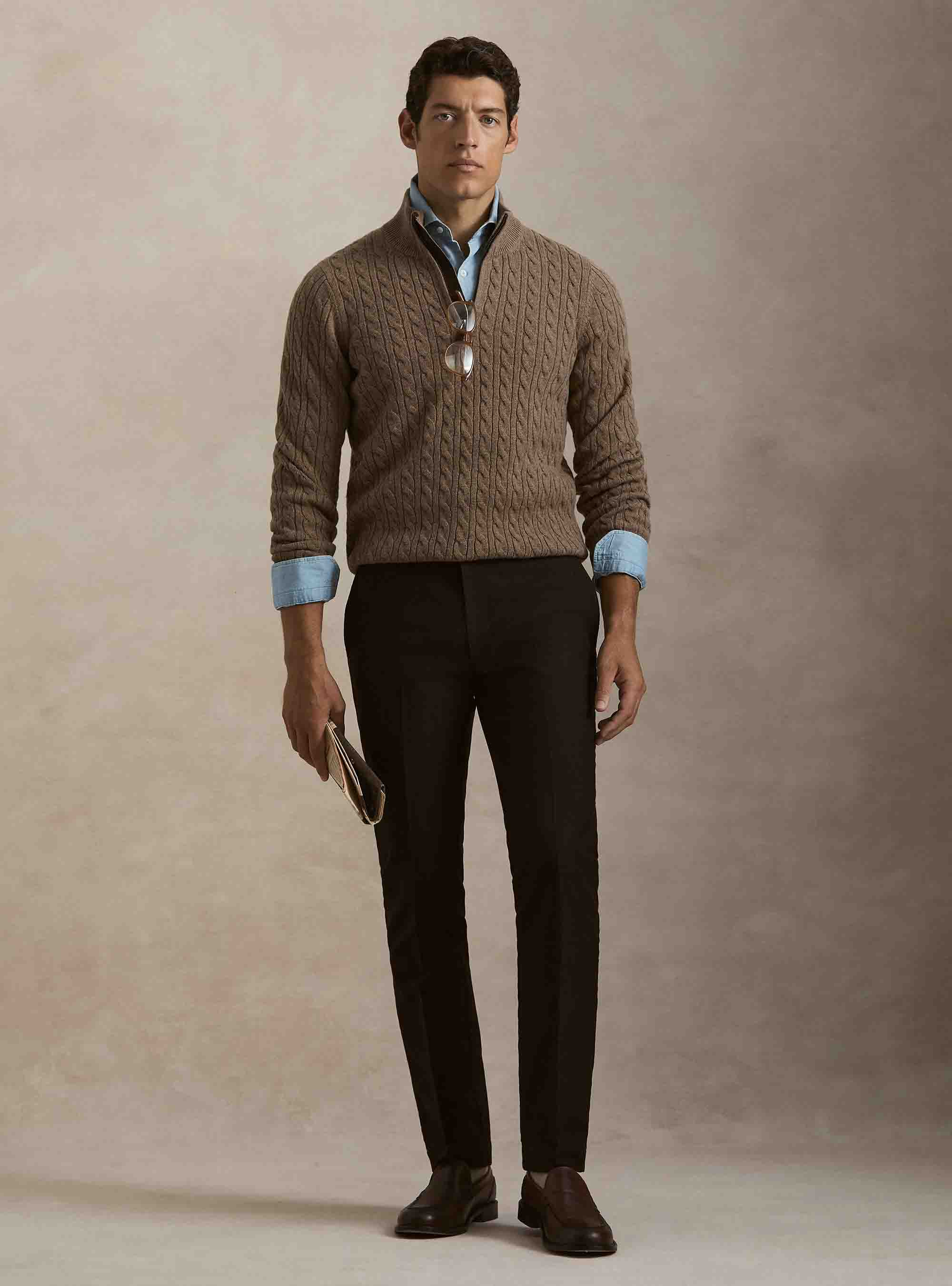 Maglia lupetto a trecce in lana e cashmere, FANGO