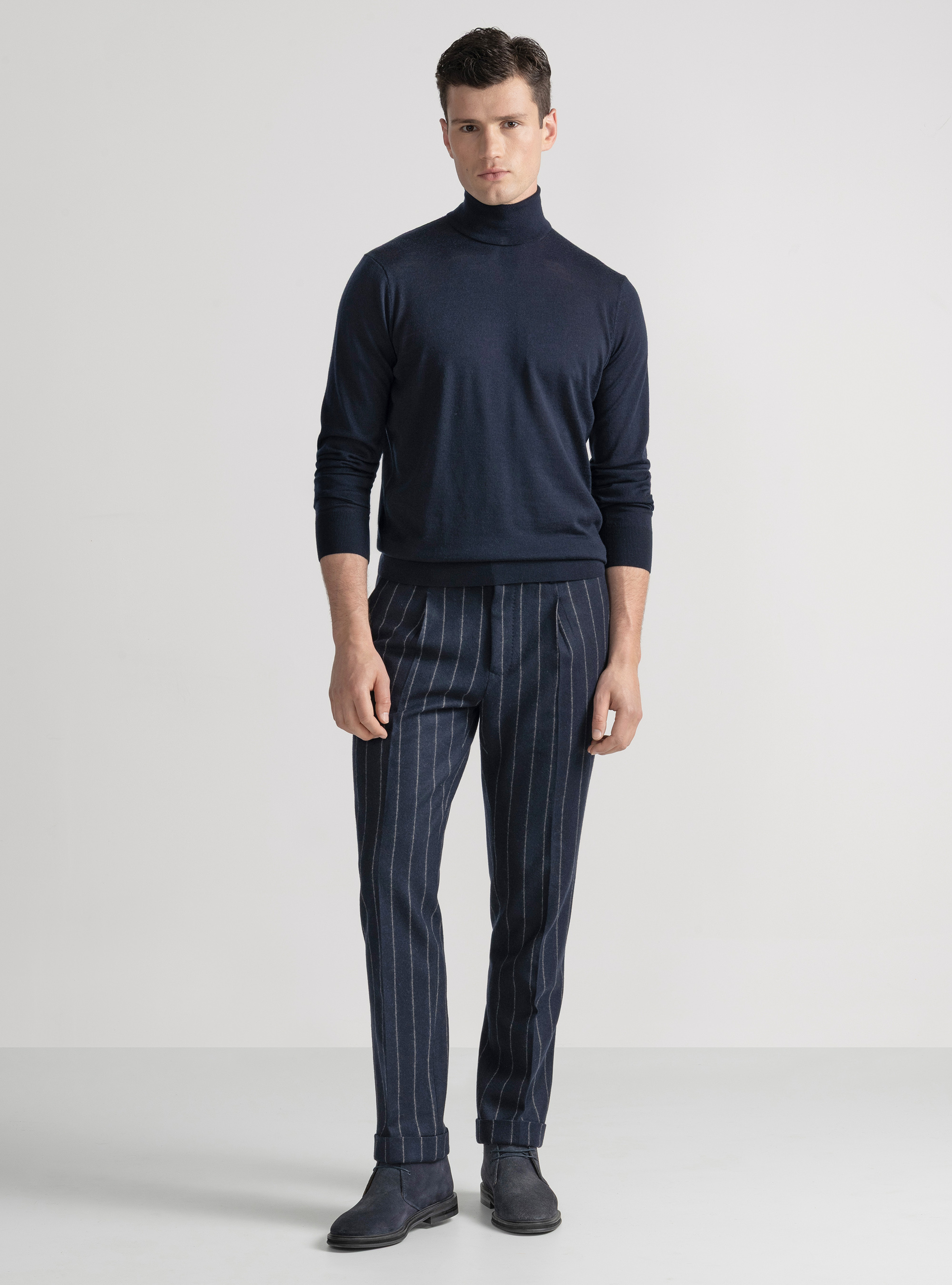 Pantalon de costume à double boutonnage en jersey à rayures, BLEU MARINE