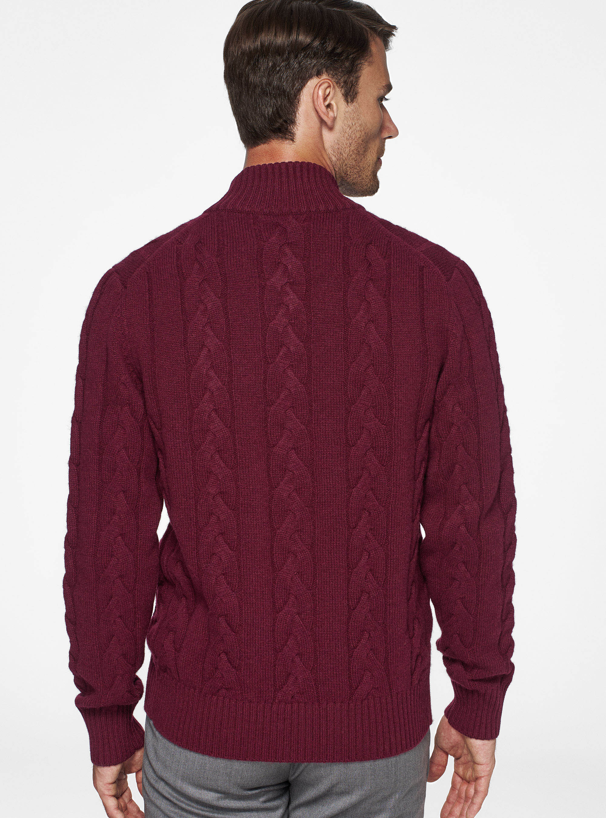 Cardigan in maglia a treccia in lana e cashmere, BORDEAUX