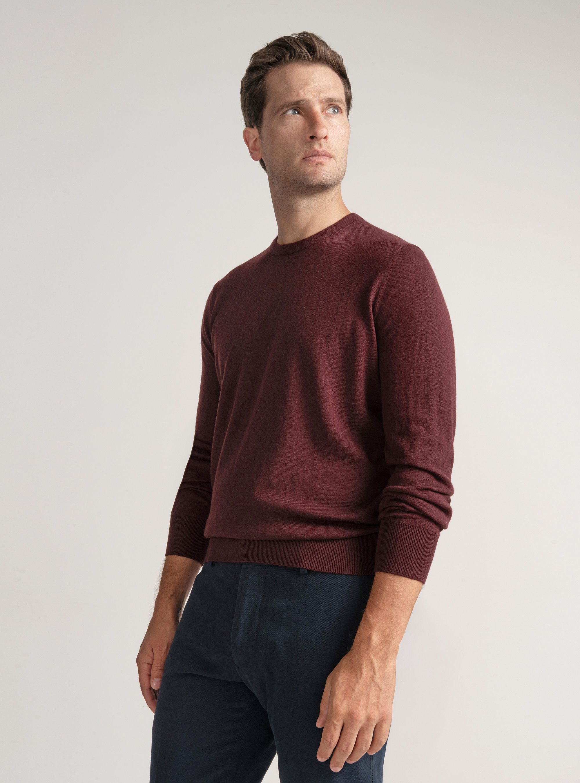 Crew-neck sweater in cotton silk and cashmere, BORDEAUX