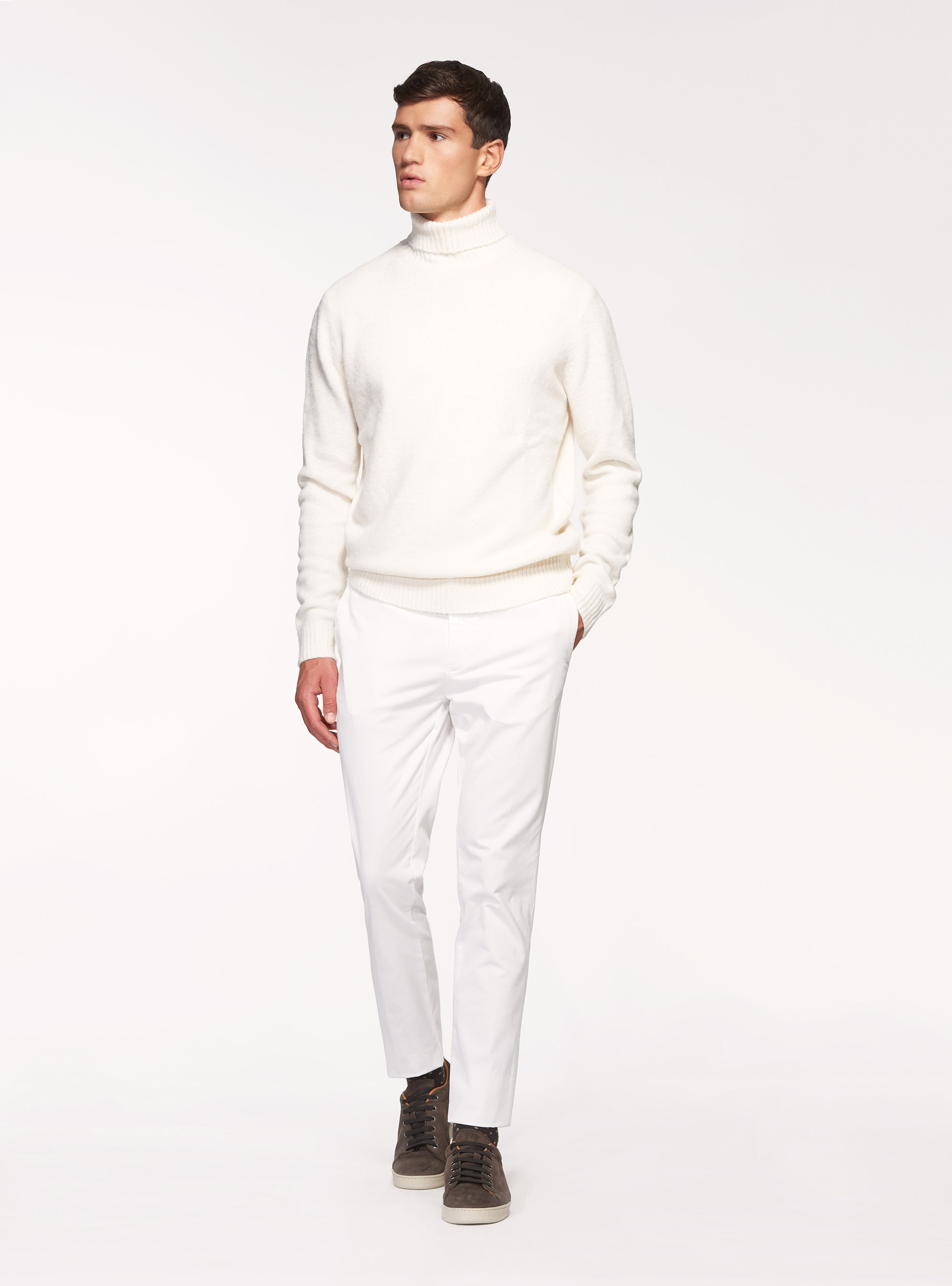 Maglia collo alto in misto lana brushed, BIANCO