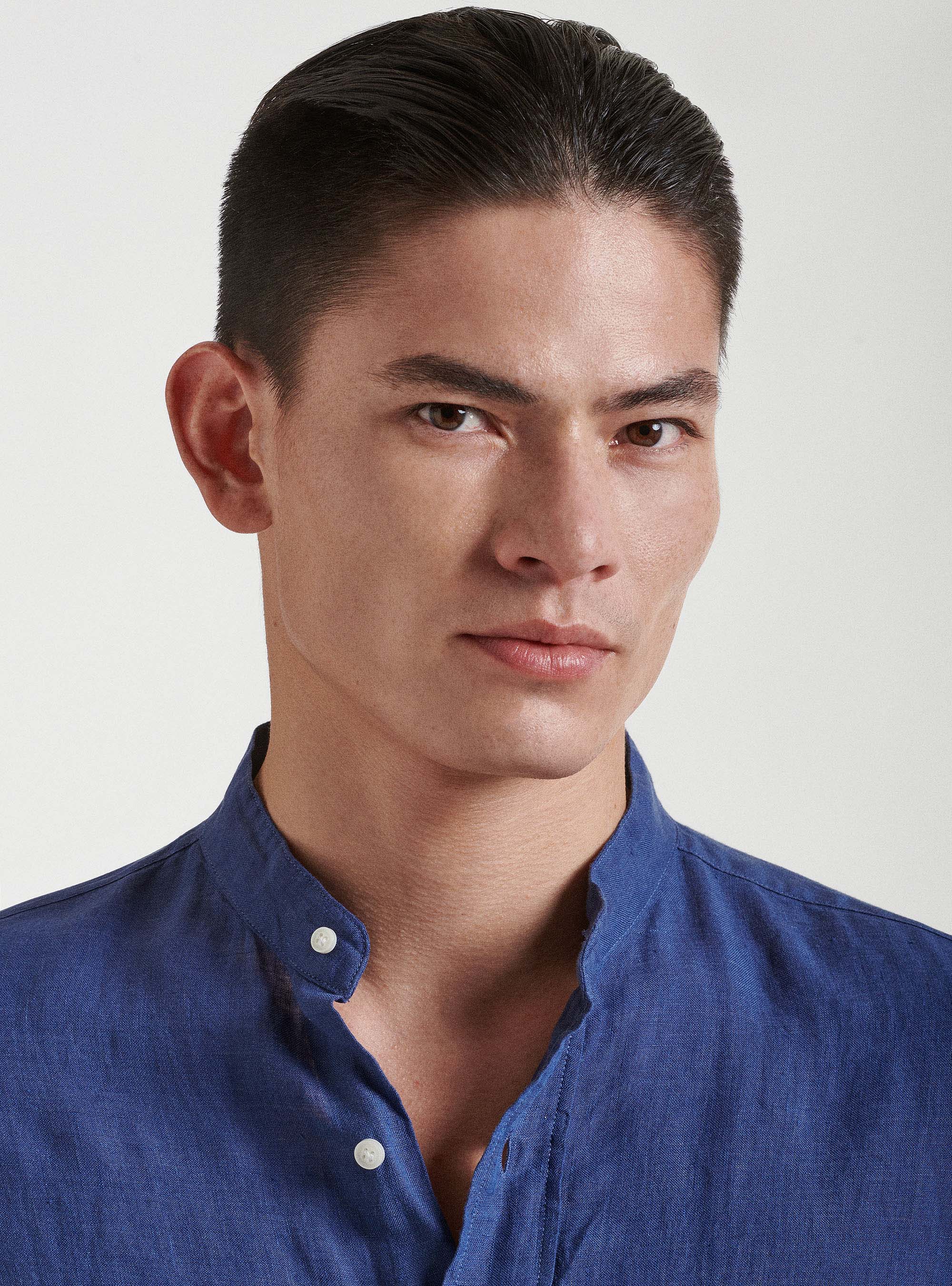 Pure linen Korean collar shirt, 0243C DENIM