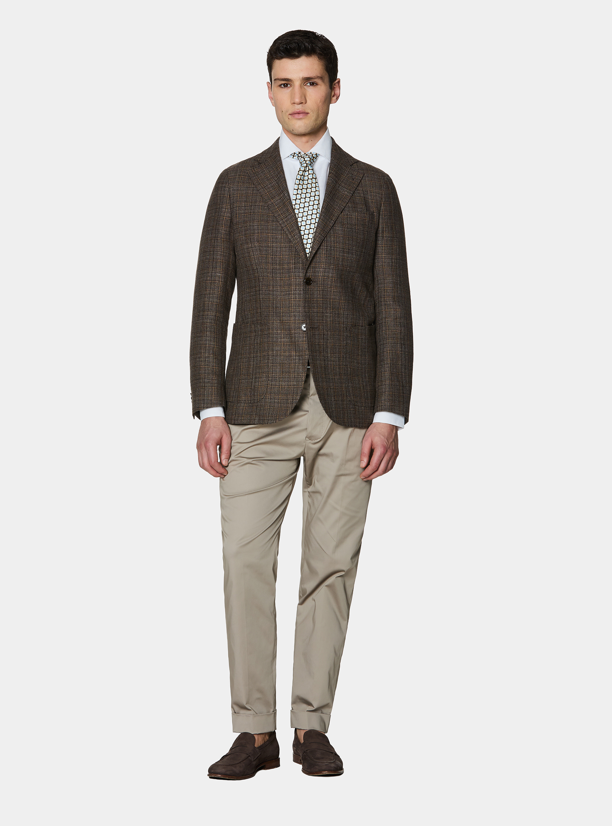 Giacca fantasia in lino e lana, MARRONE