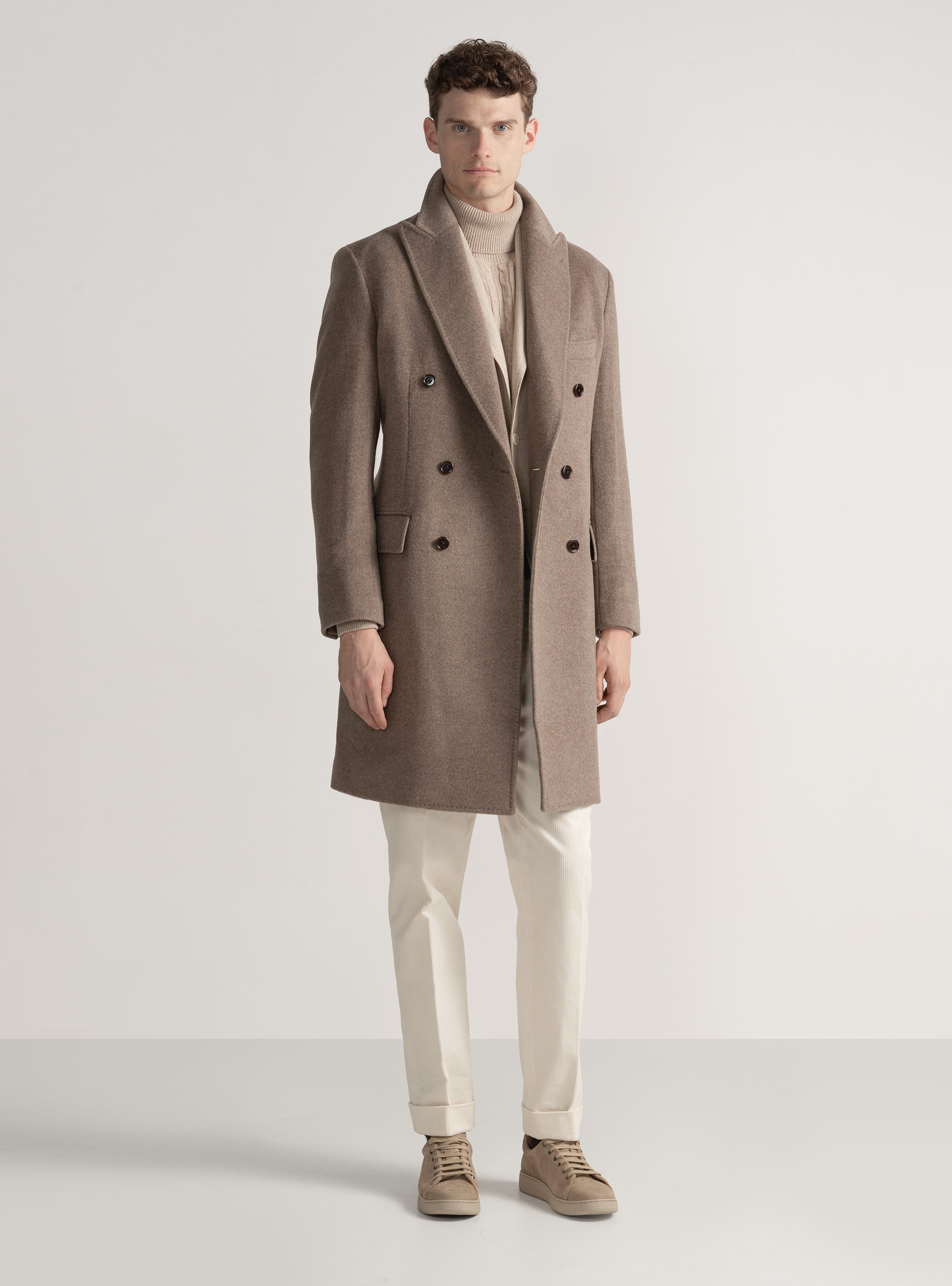 Cappotto doppiopetto in lana e cashmere, FANGO