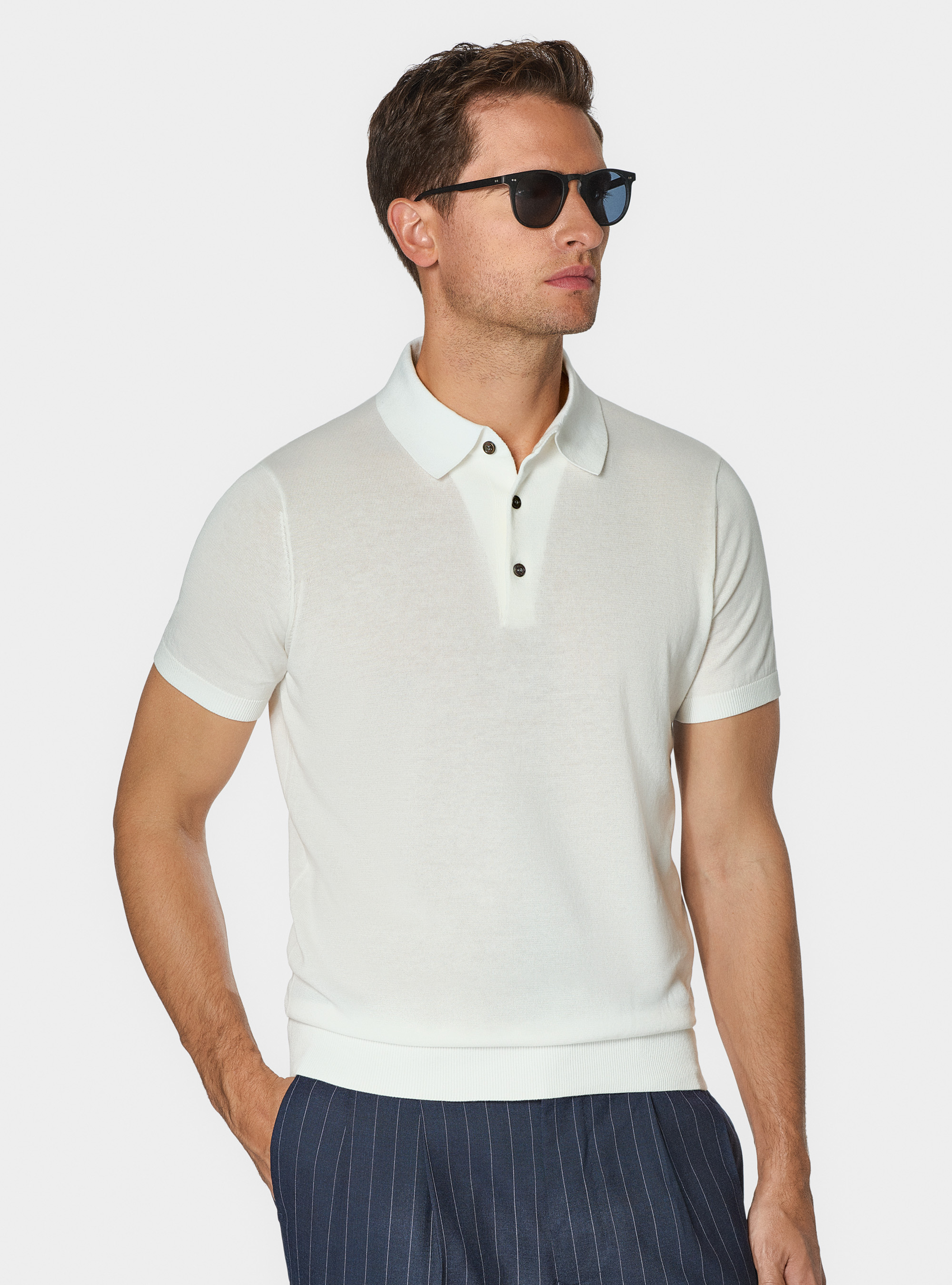 Extra-fine cotton knit polo shirt, WHITE