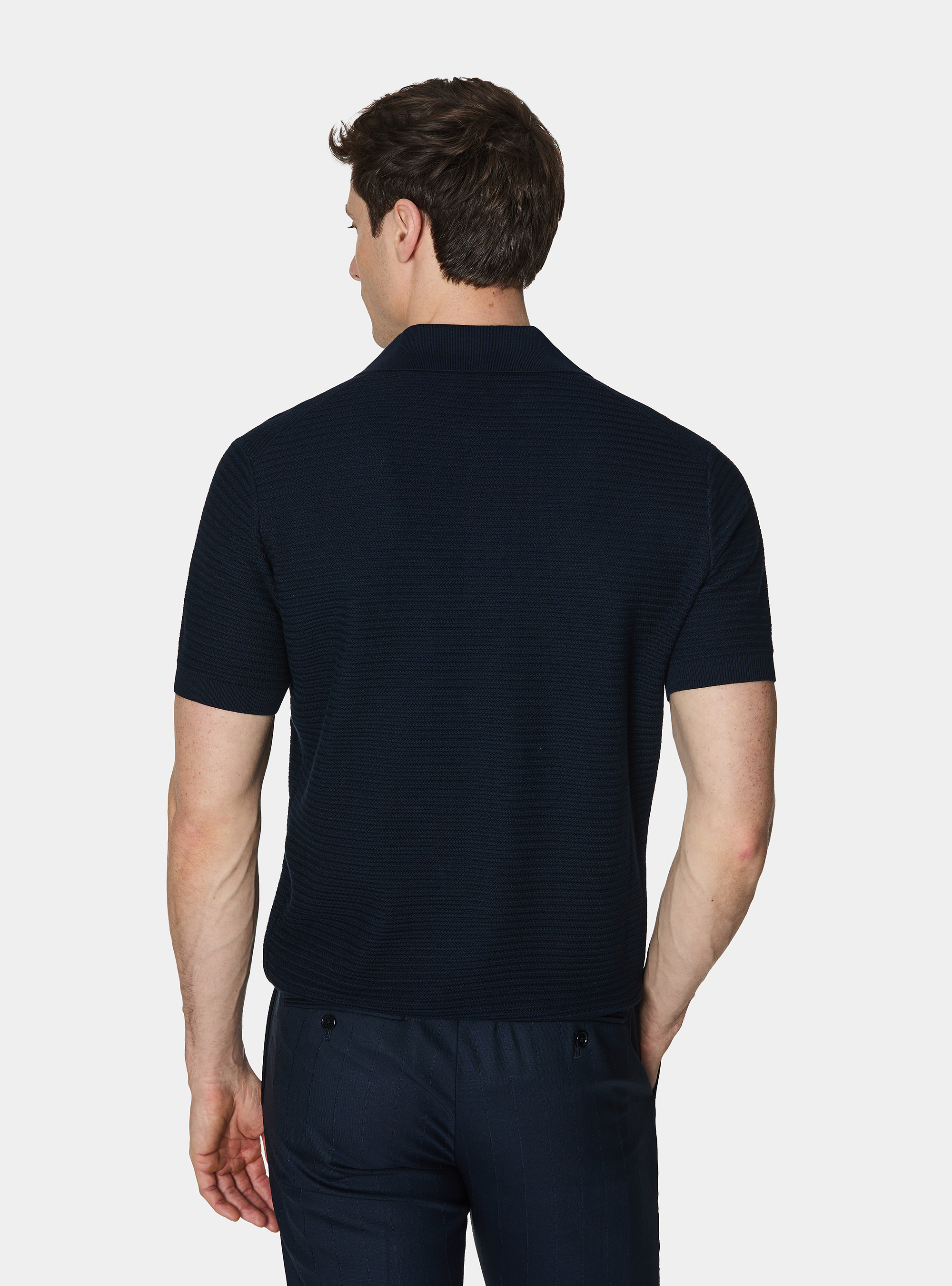 Textured cotton knit polo shirt, NAVY BLUE