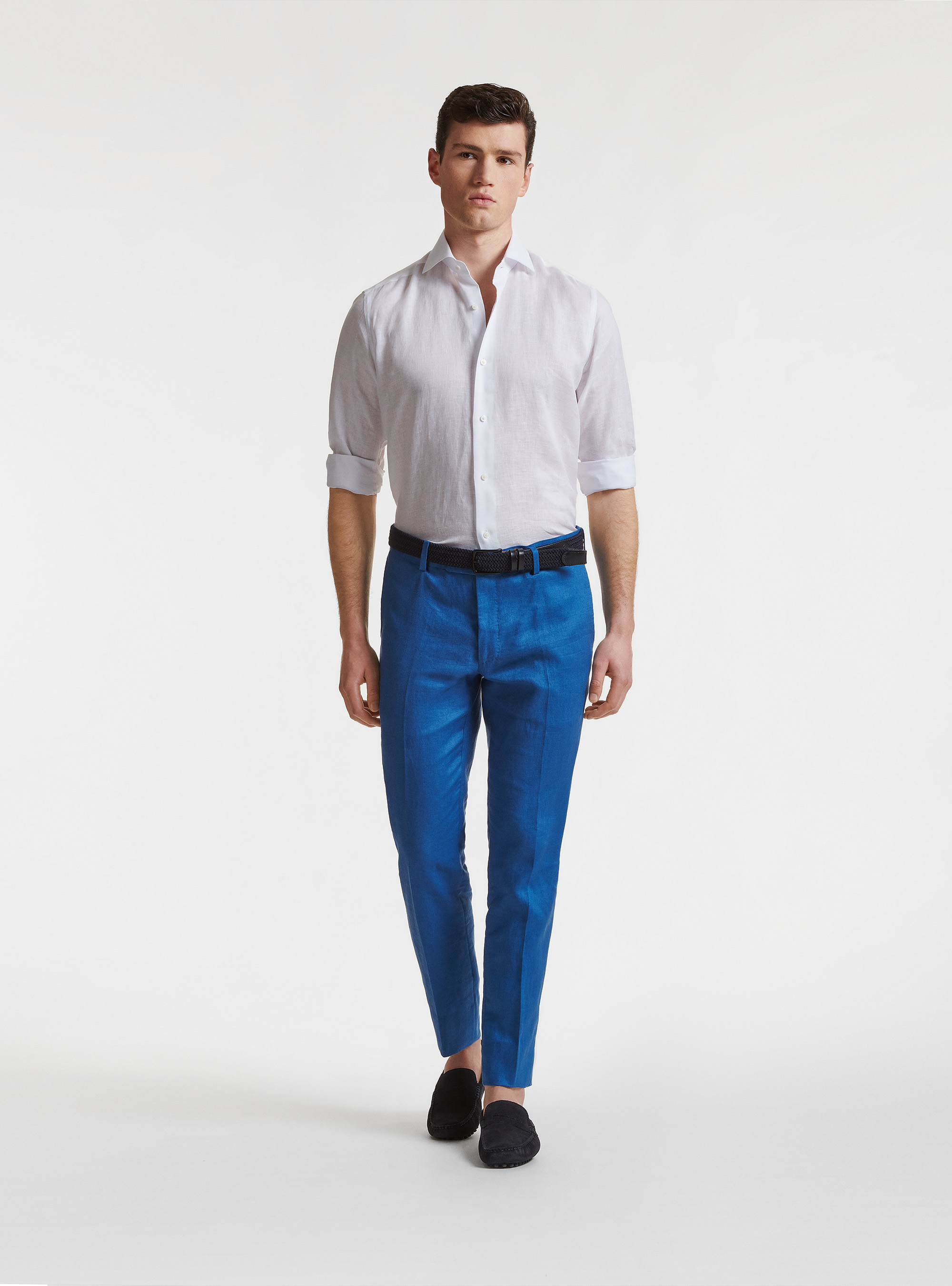 Camisa de lino puro con cuello semifranc&eacute;s, BLANCO