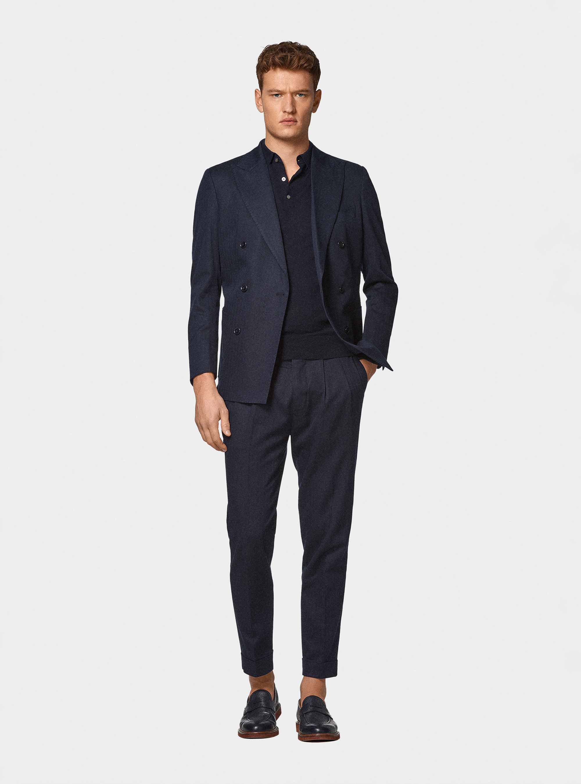 Abito doppiopetto navy in cotone e lino, 