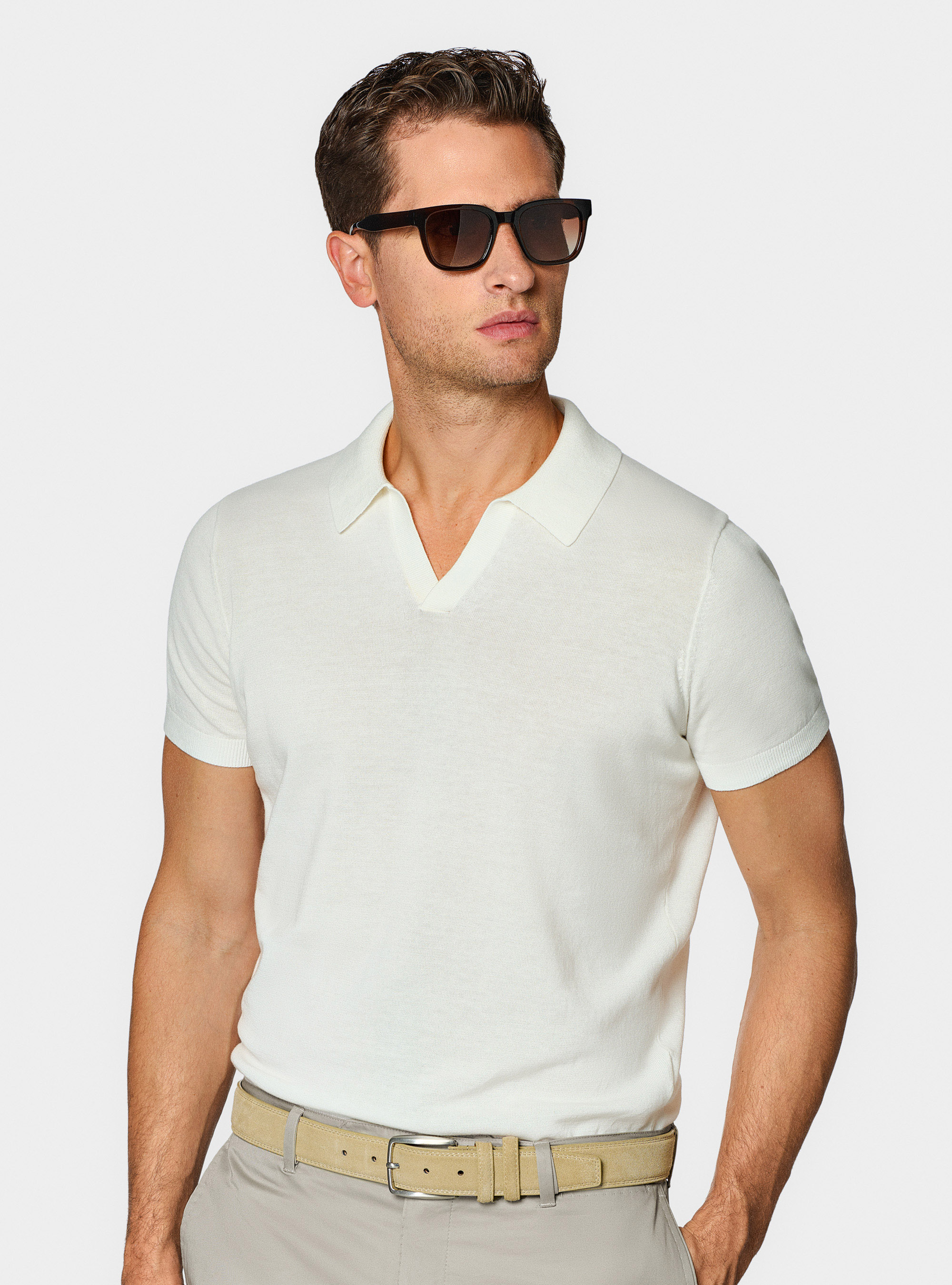 Polo in maglia senza bottoni in cotone extrafine, BIANCO