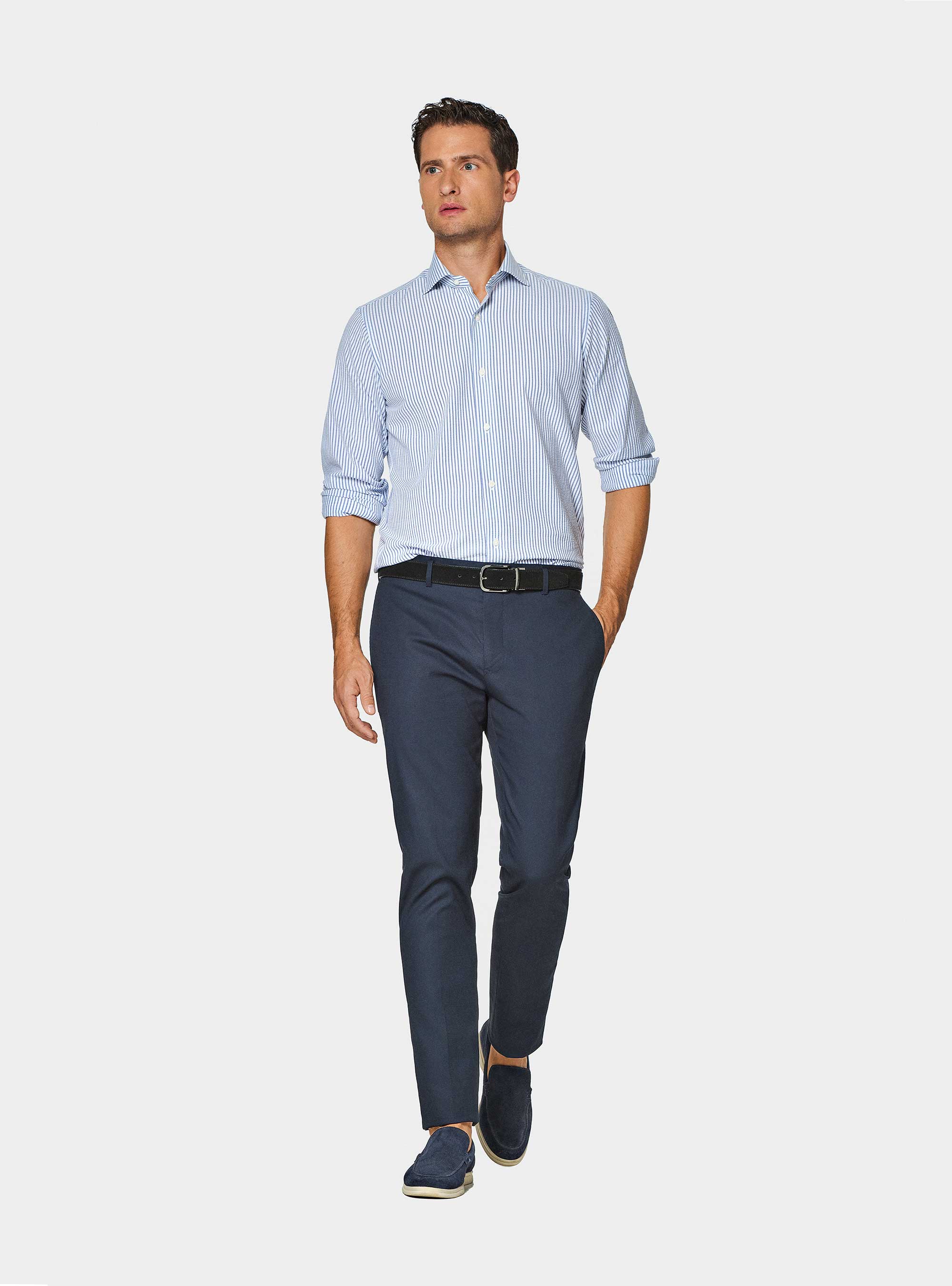 Camicia rigata in misto cotone seersucker, BLU