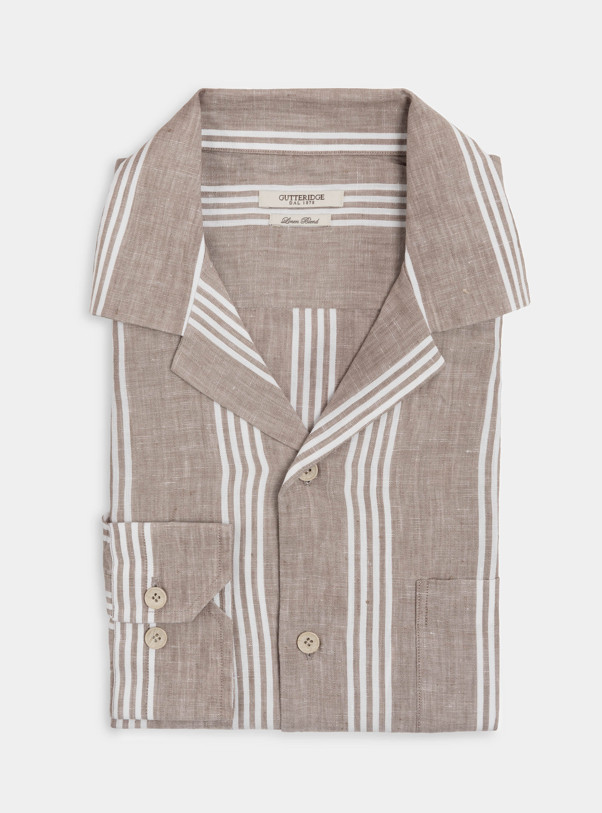 Camicia comfort fit in lino e cotone rigato, MARRONE