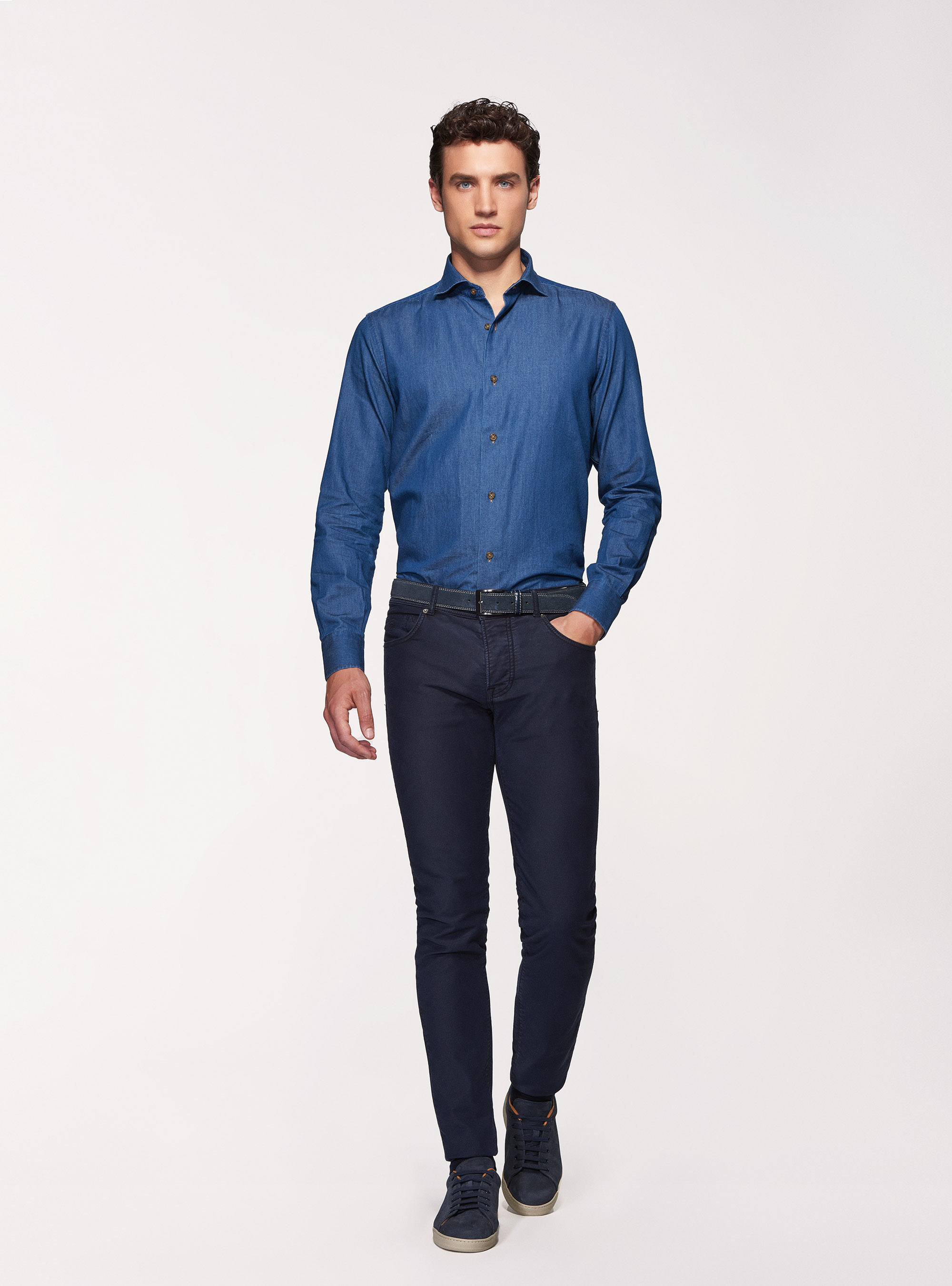Camicia denim in cotone chambray, BLU NAVY