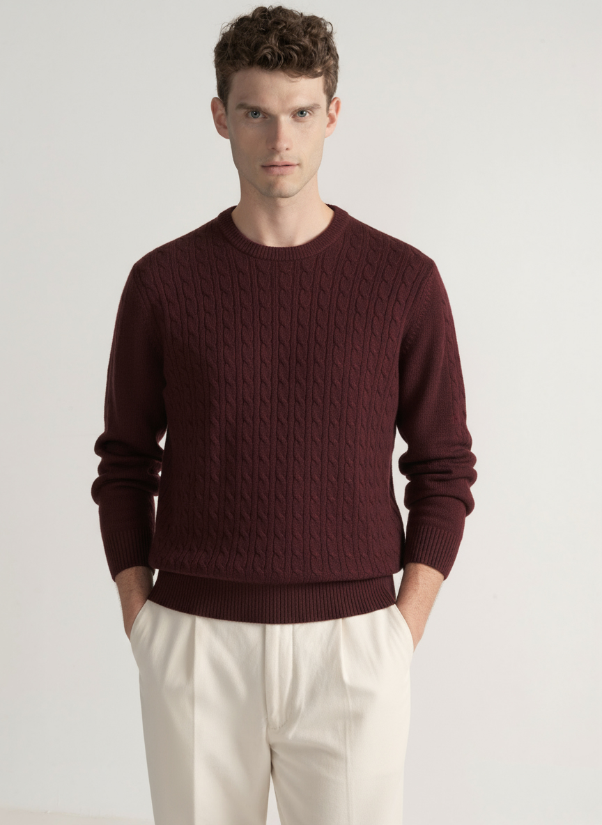 Braided crew neck sweater in pure cashmere, BORDEAUX