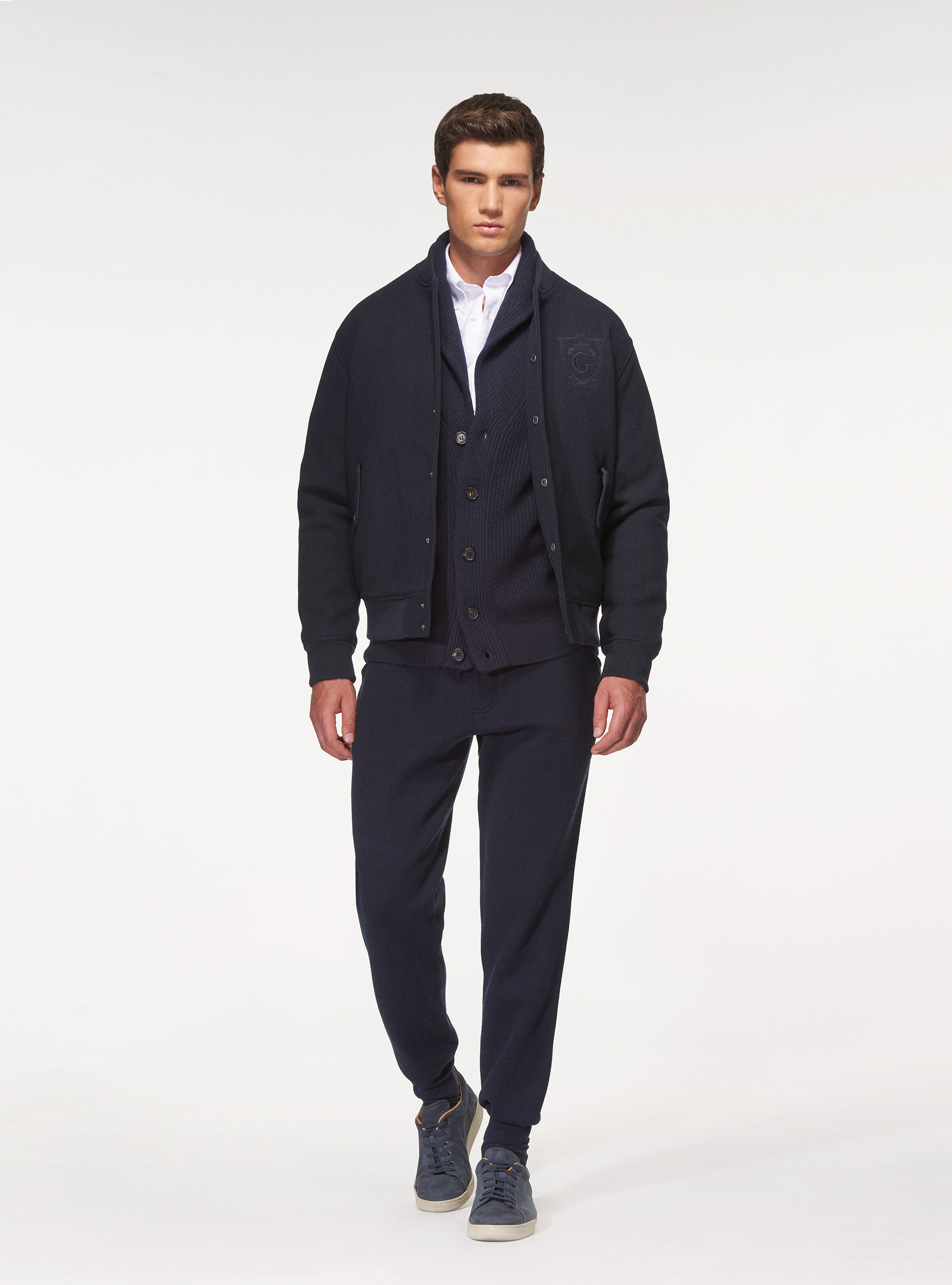 Bomber in panno con ricamo in tinta, BLU NAVY