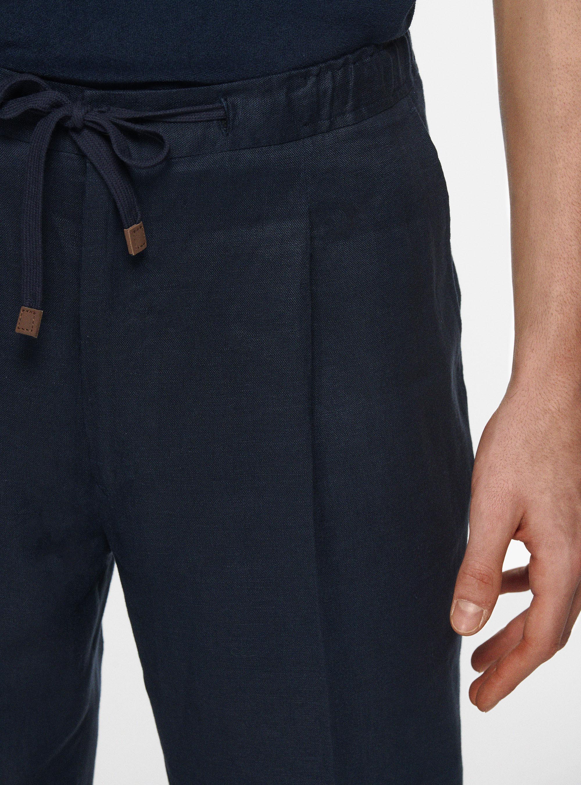 Pantaloni in puro lino con coulisse, BLU NAVY