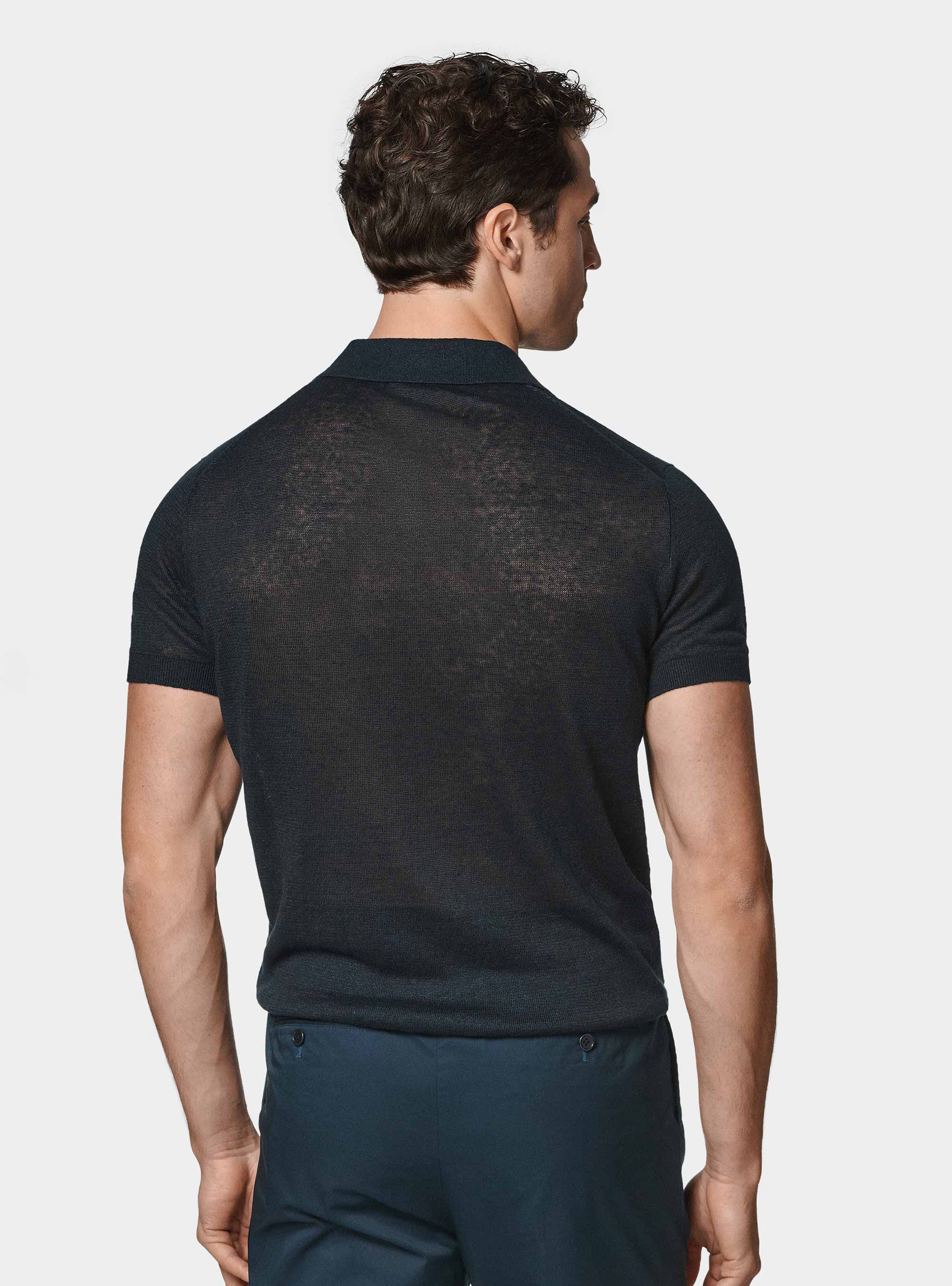 Polo in maglia senza bottoni in puro lino, BLU NAVY