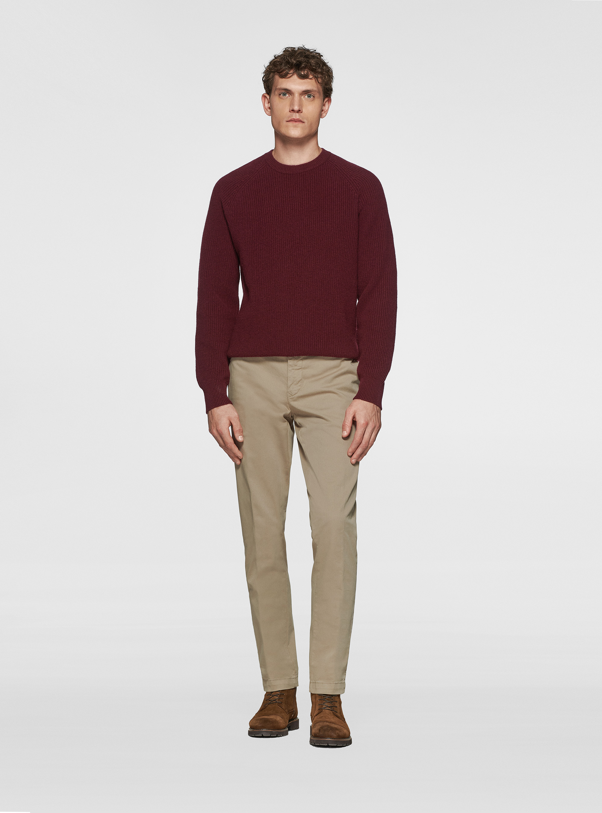 Maglia girocollo in lana merino costa perlata, BORDEAUX