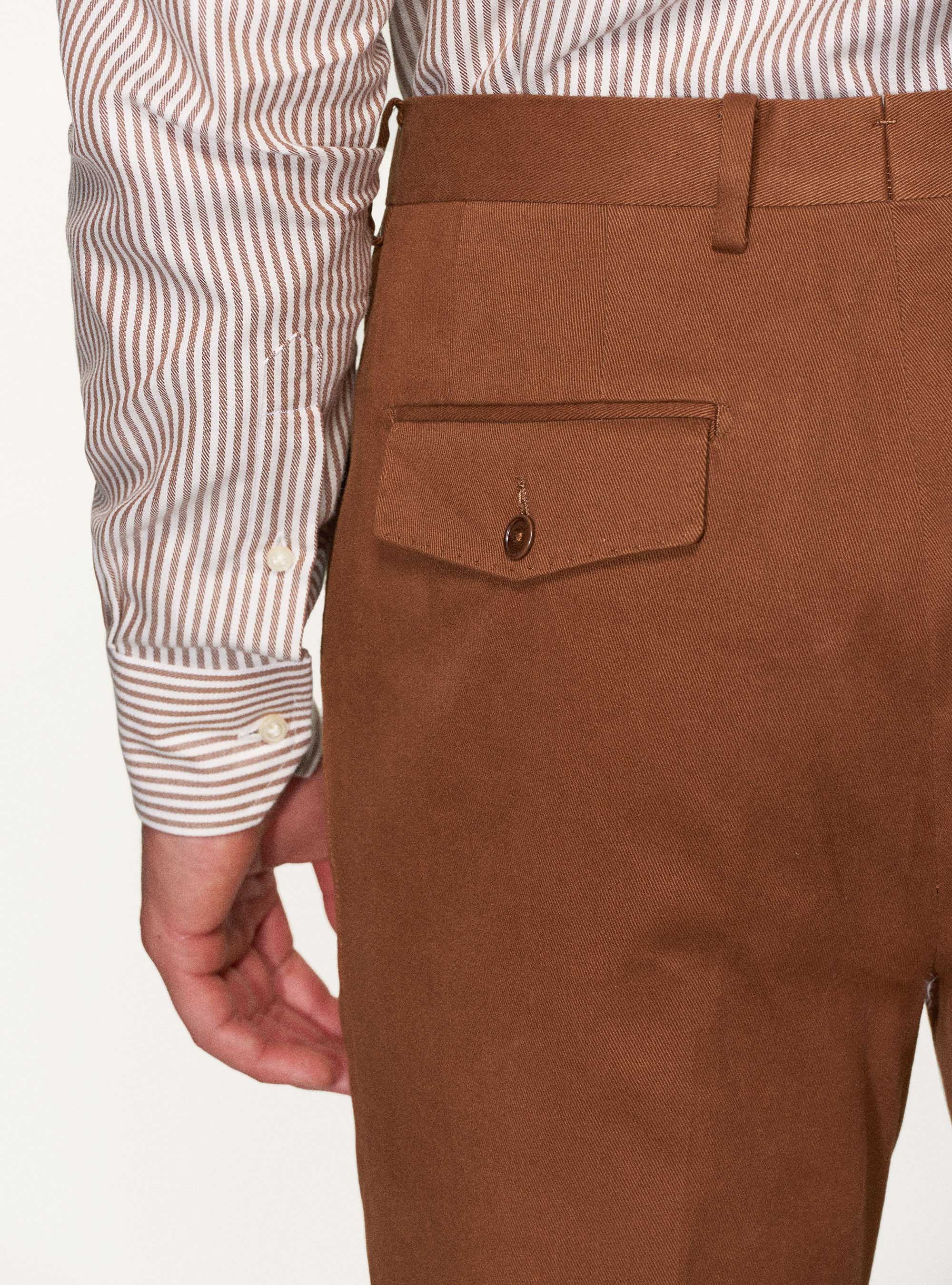Pantaloni doppia pince in twill di cotone smerigliato, TABACCO