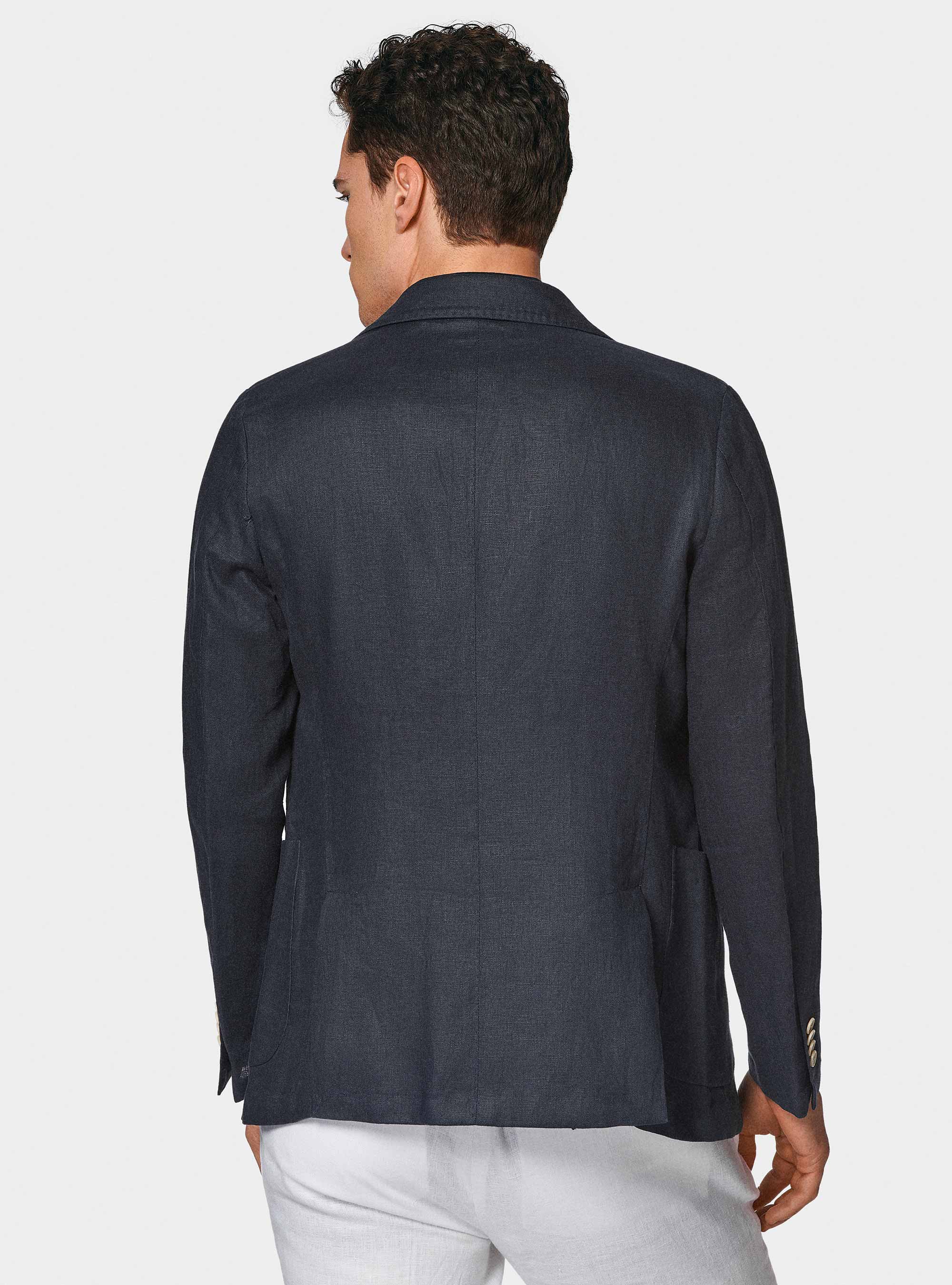 Giacca doppiopetto blue navy in puro lino, BLU NAVY
