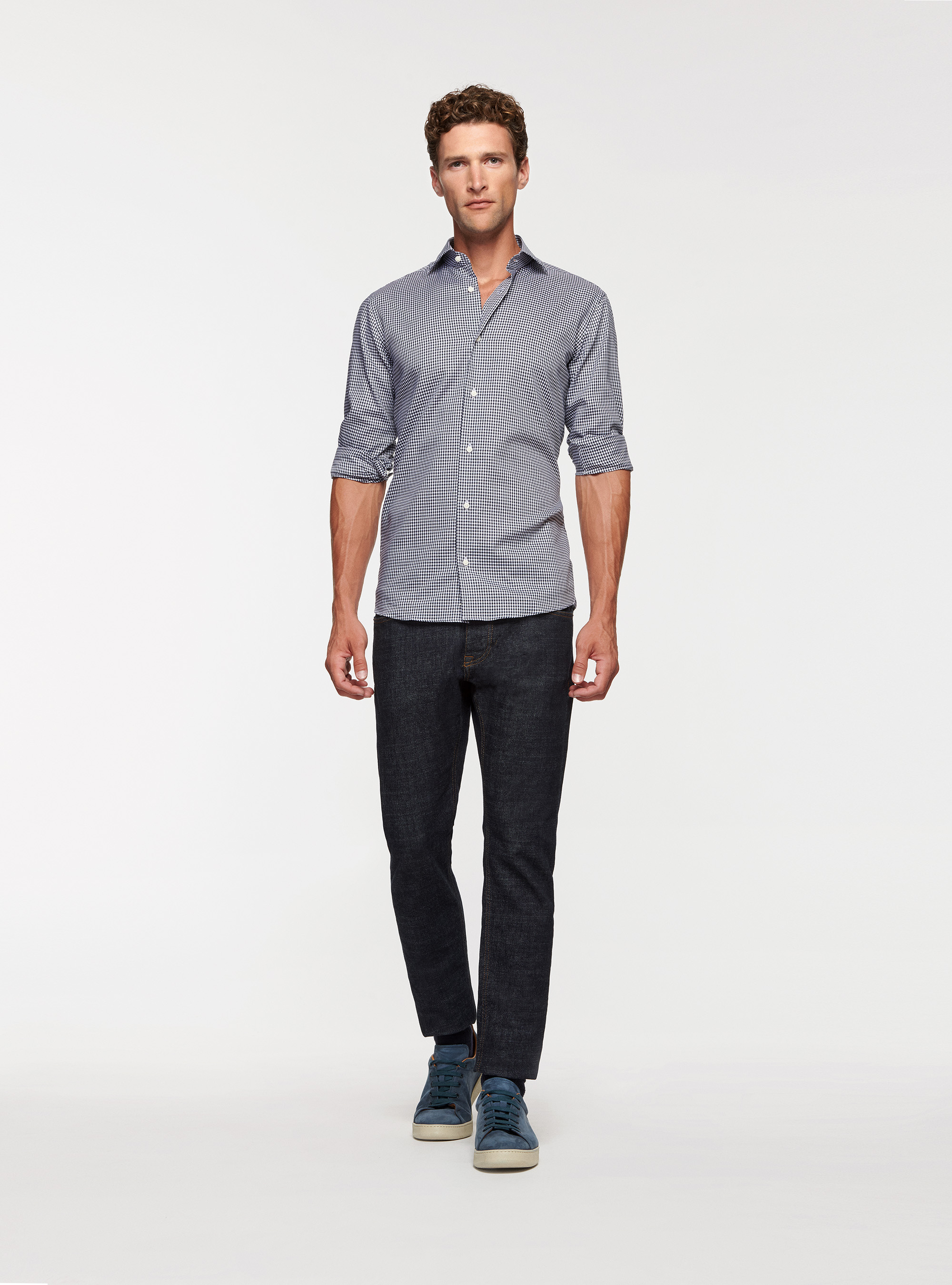 Camicia collo semi francese in cotone a quadri, BLU NAVY