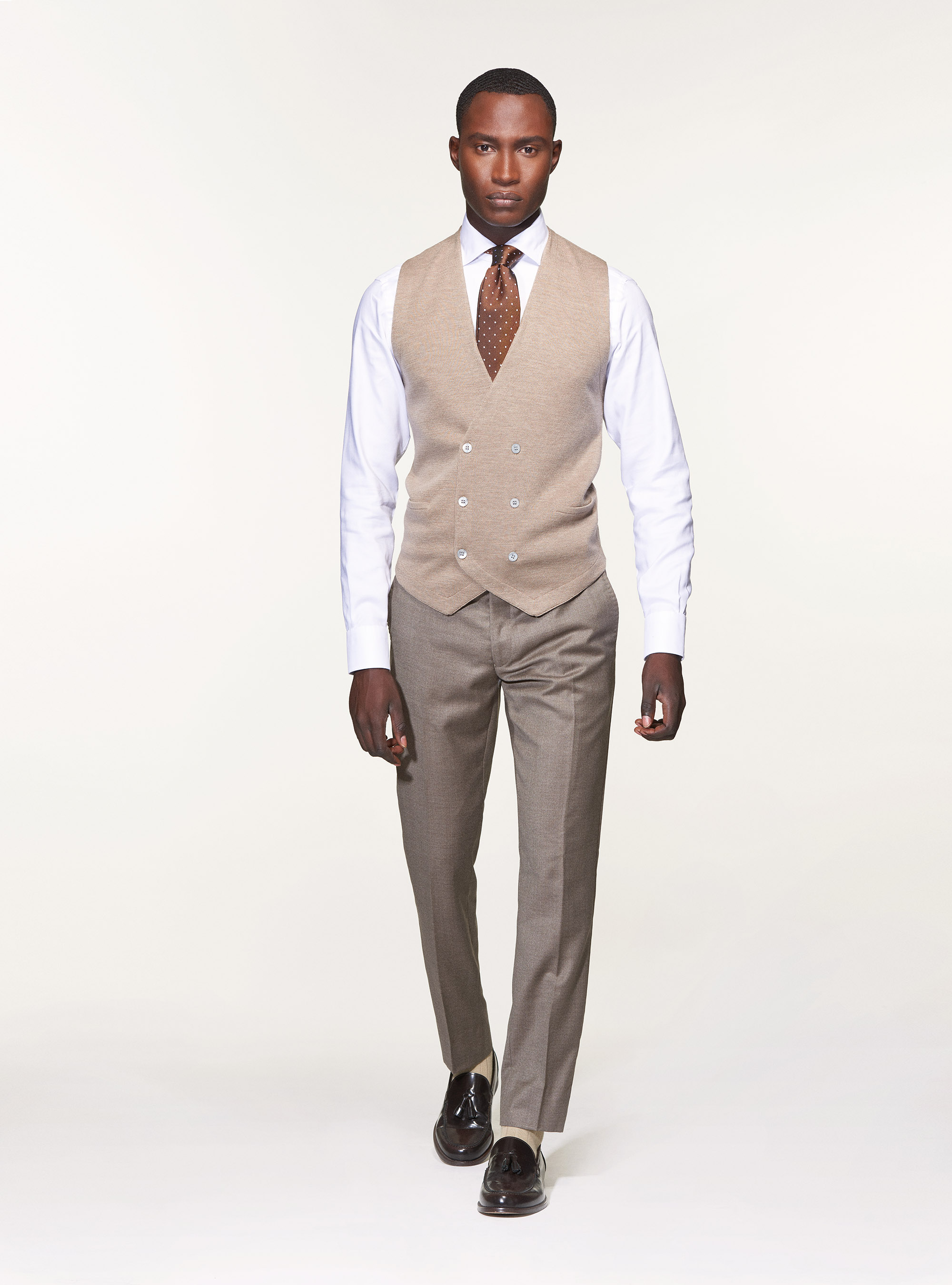 Knitted double-breasted gilet in pure extra-fine merino wool, SAND