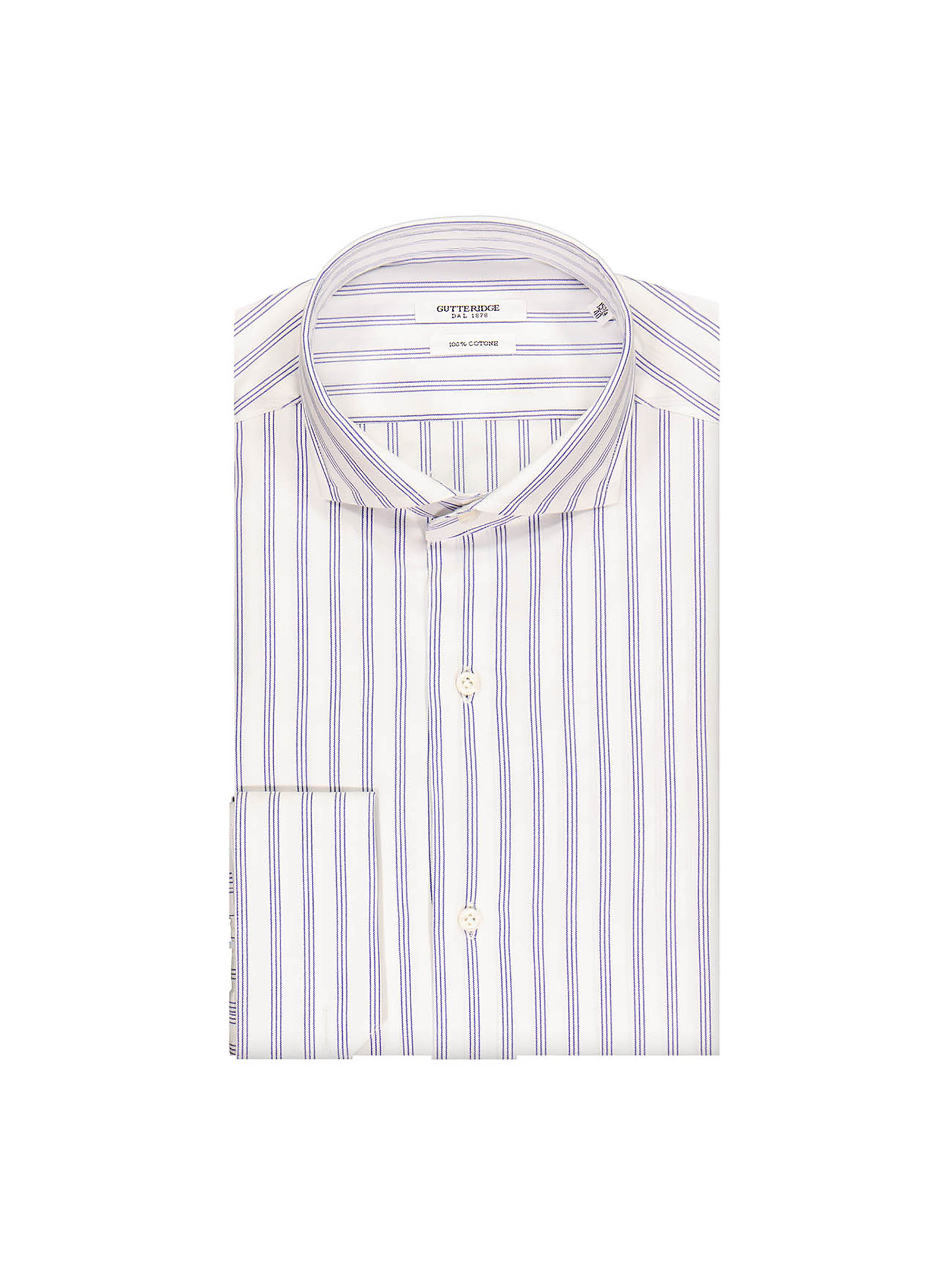 Camicia collo francese a righe in cotone armaturato polso gemello, BIANCO