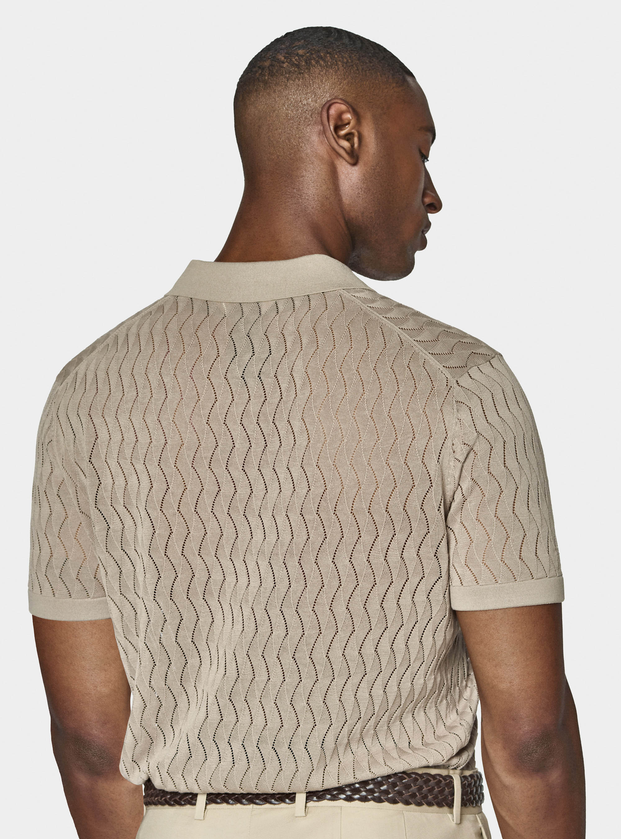 Cotton and silk buttonless perforated knit polo shirt