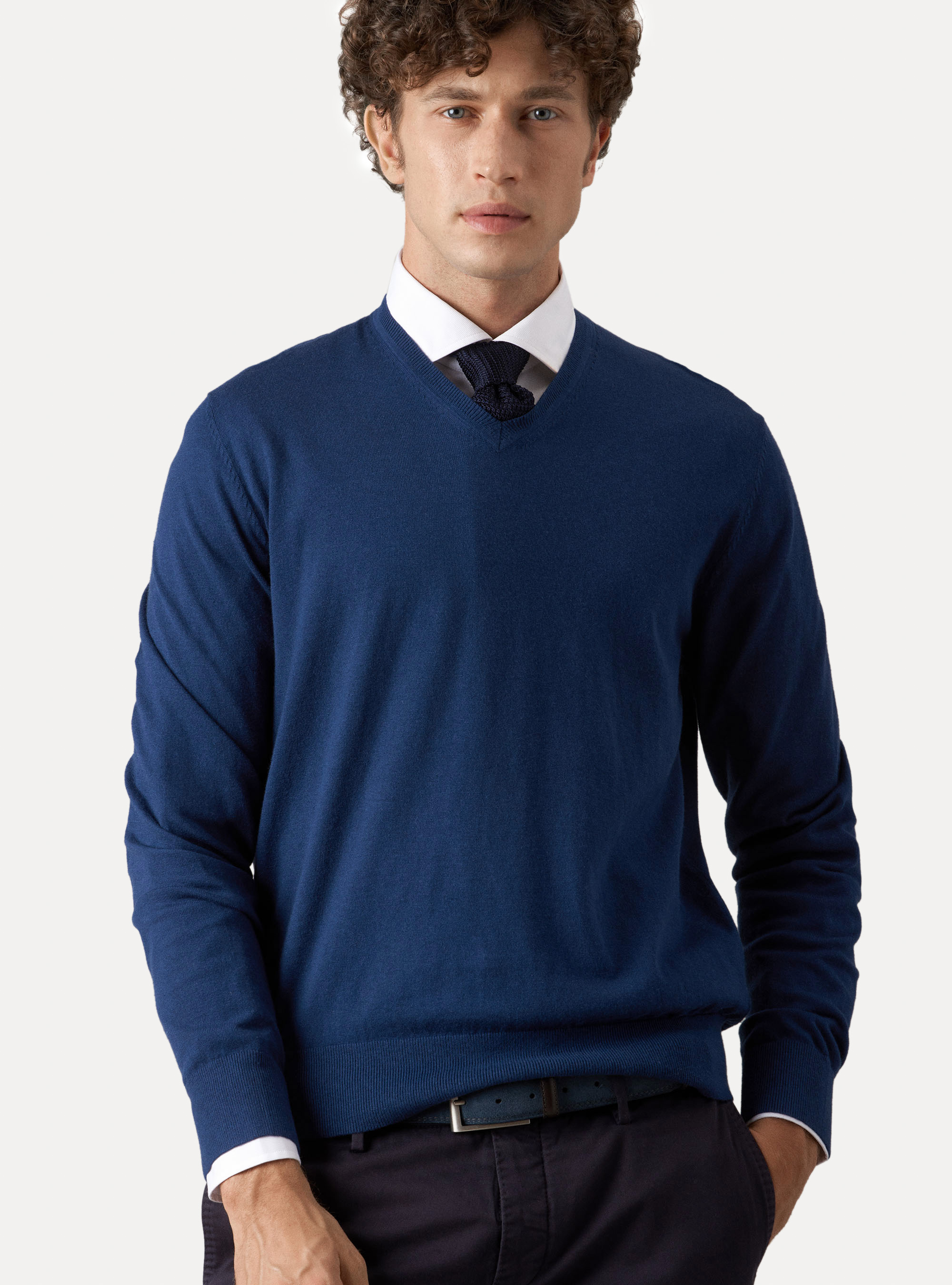 Maglia scollo a V in cotone seta e cashmere, INCHIOSTRO