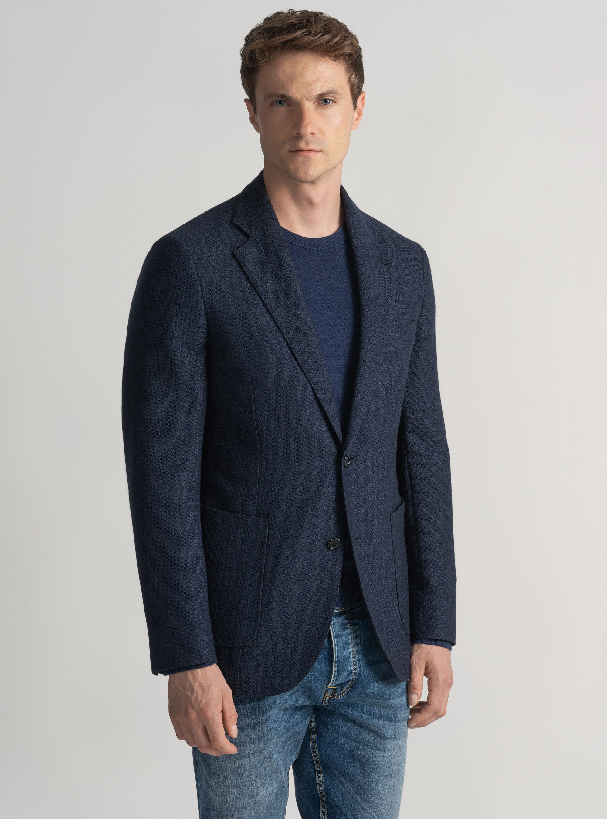 Giacca giro inglese in lana e cotone, BLU NAVY