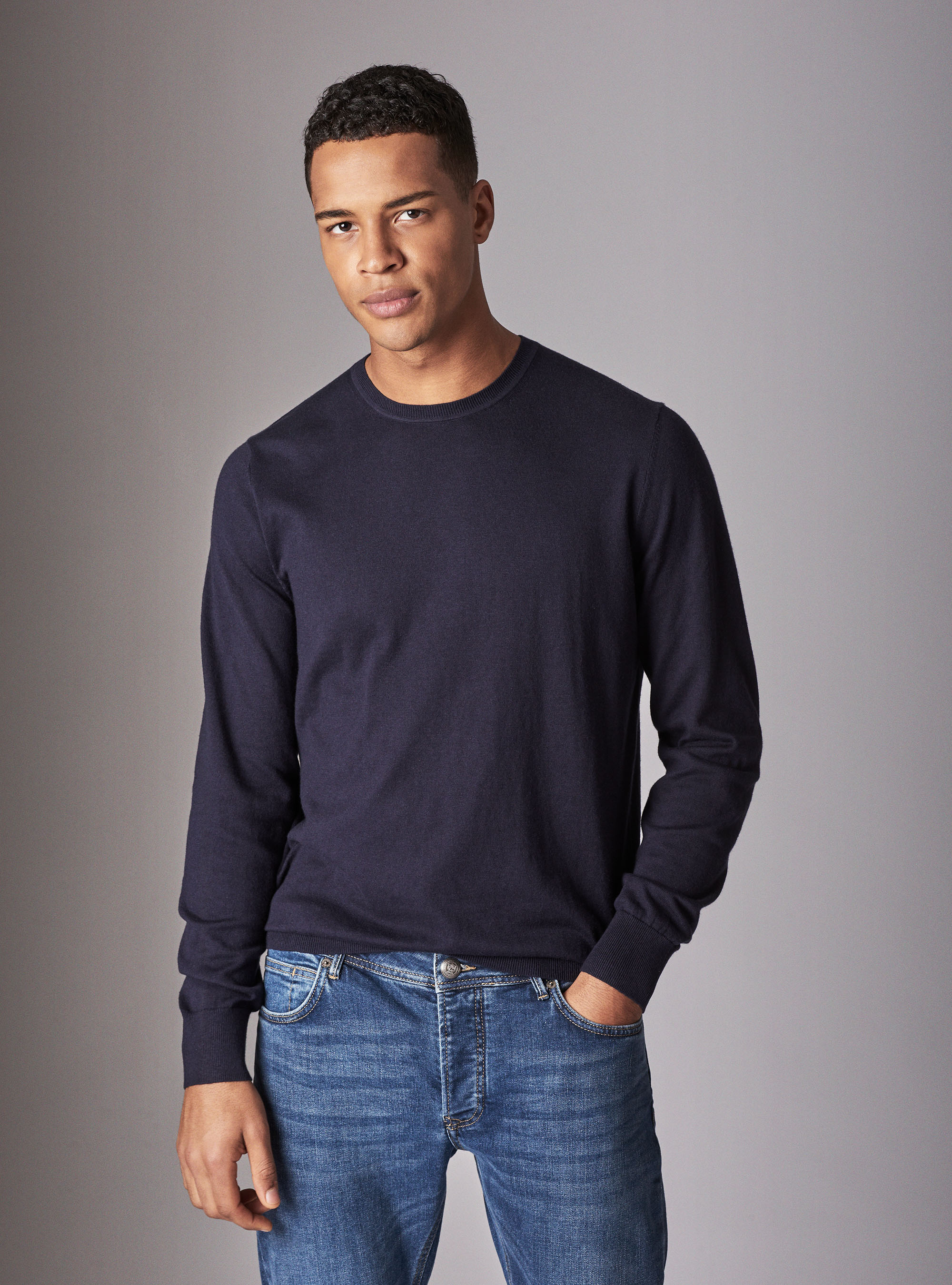 Maglia girocollo basica in cotone seta e cashmere, BLU NAVY