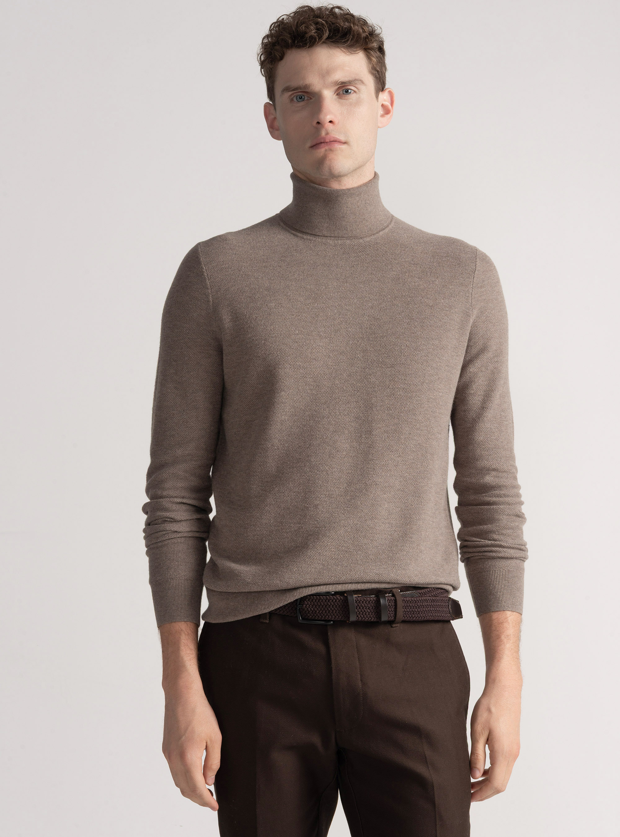 Dolcevita nido d'ape in cotone cashmere, FANGO