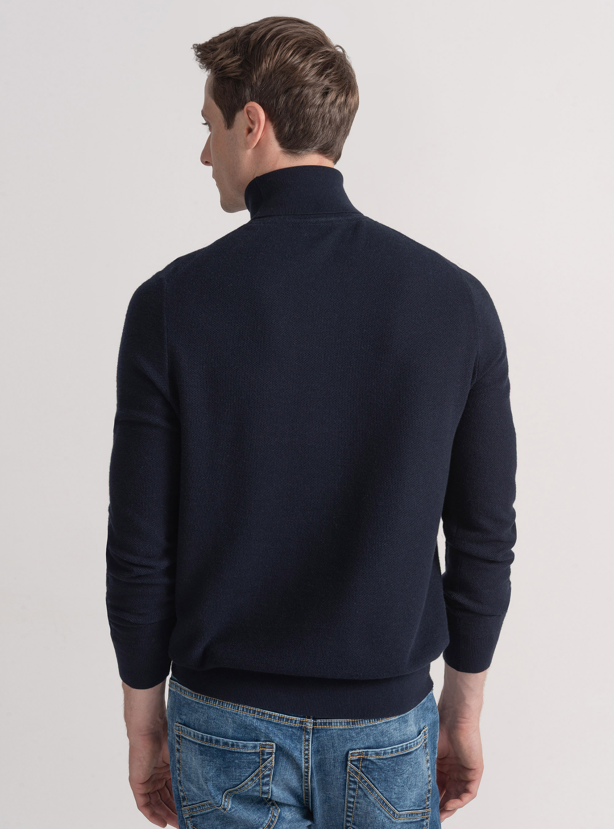Cotton cashmere honeycomb turtleneck, NAVY BLUE