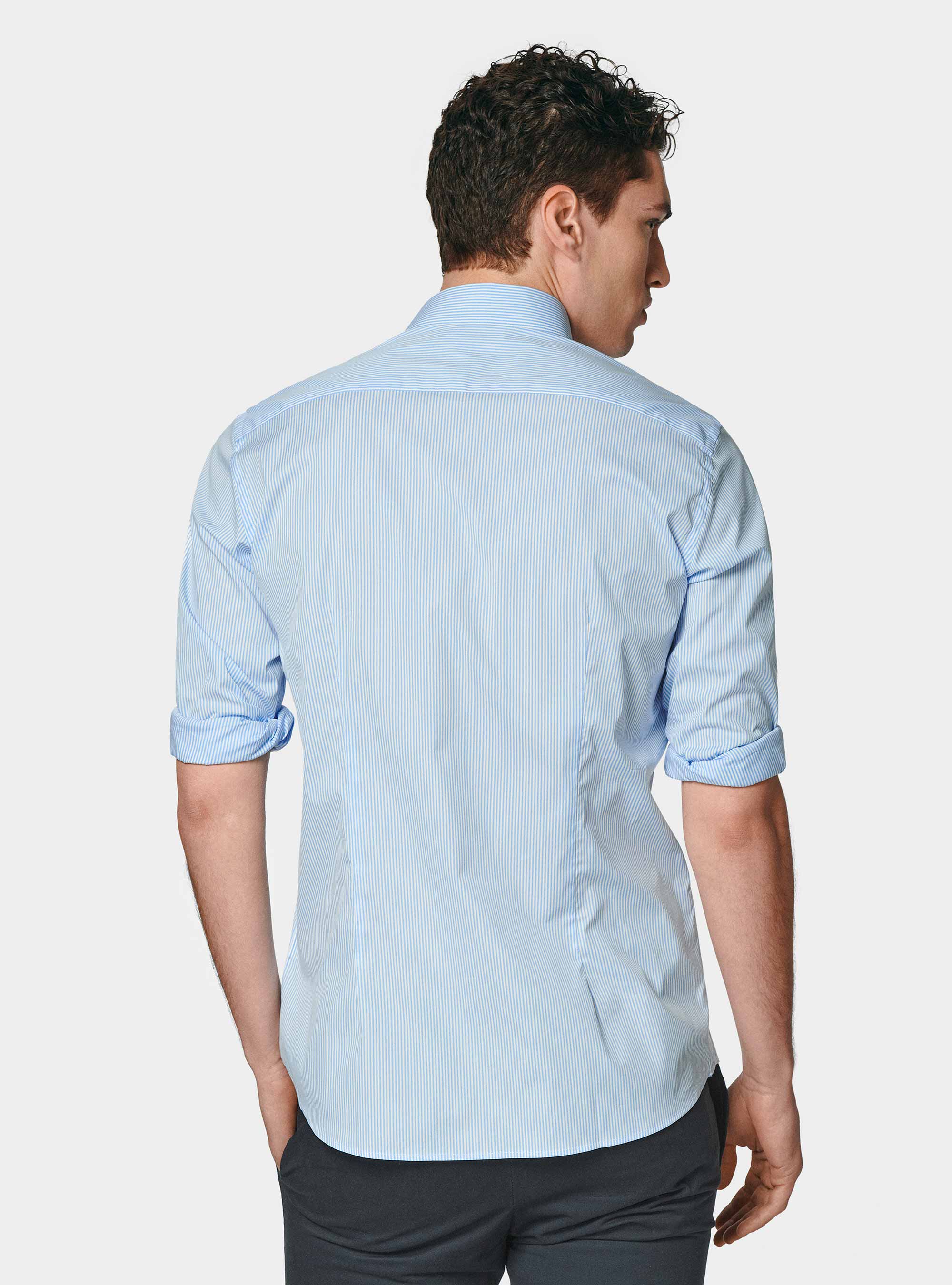 Camicia rigata in popeline stretch, AZZURRO