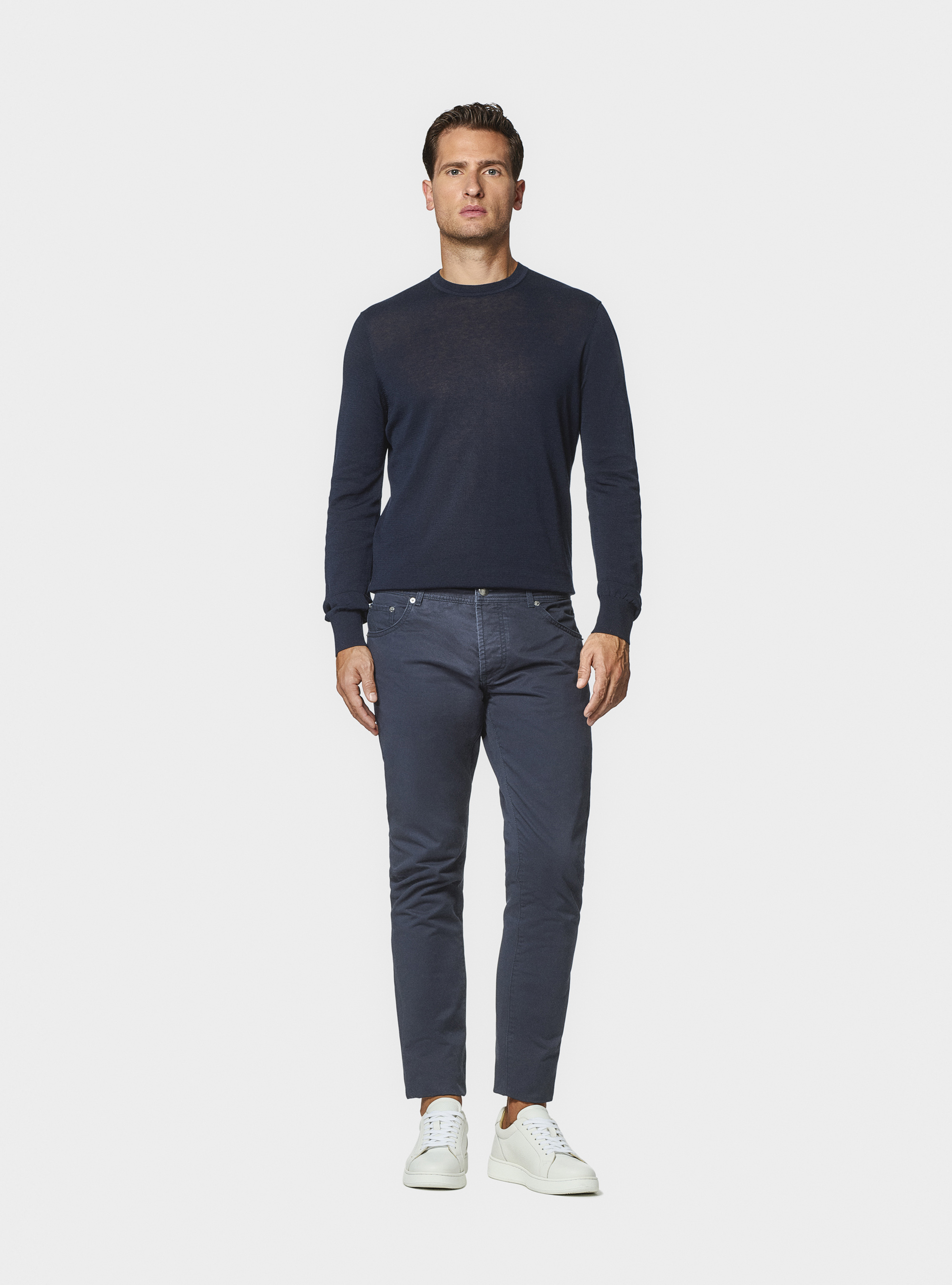 Pantaloni 5 tasche in twill di cotone, BLU NAVY