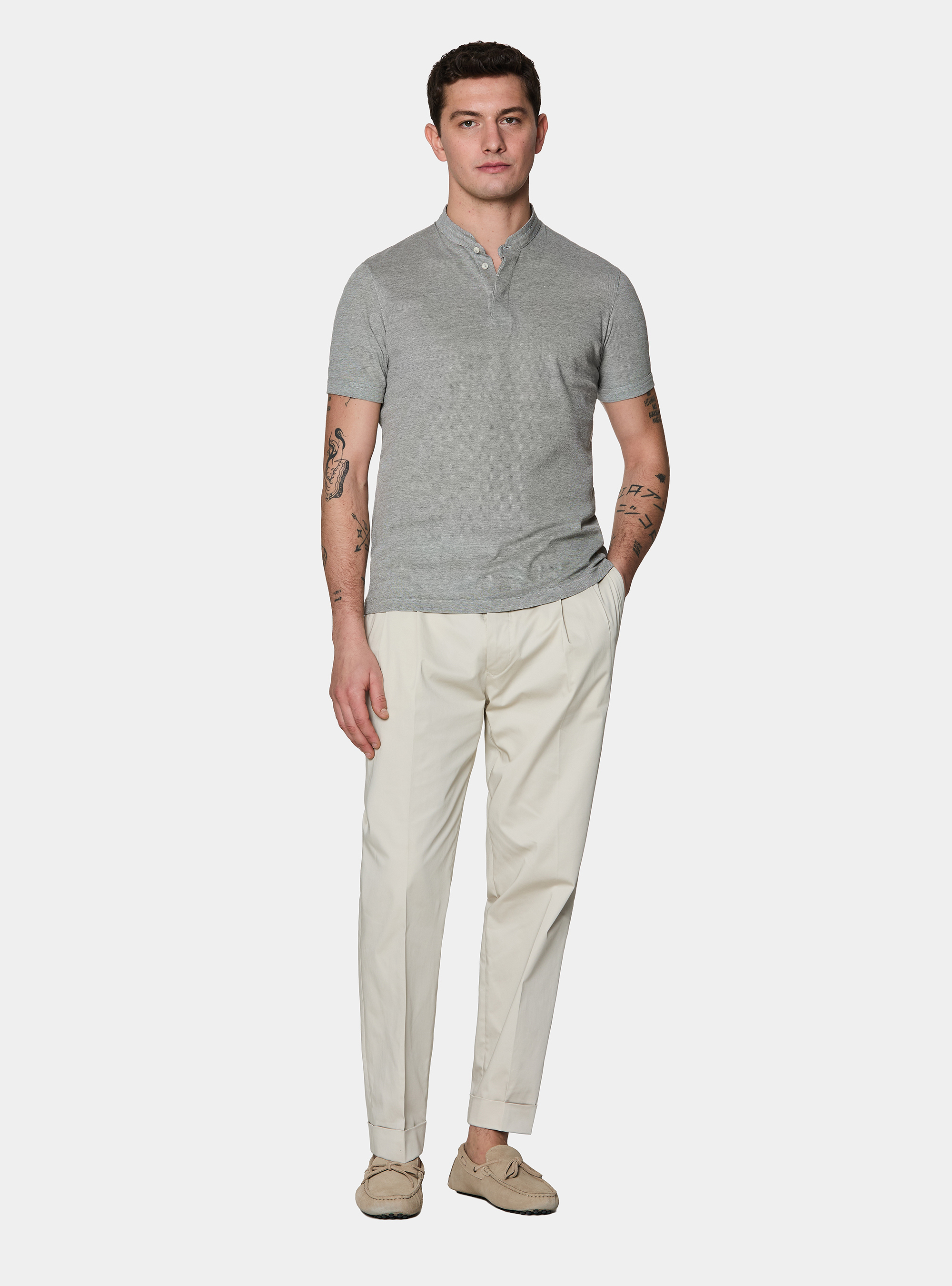 Polo shirt with Korean collar in stretch cotton blend, VERDE SALVIA 0604C