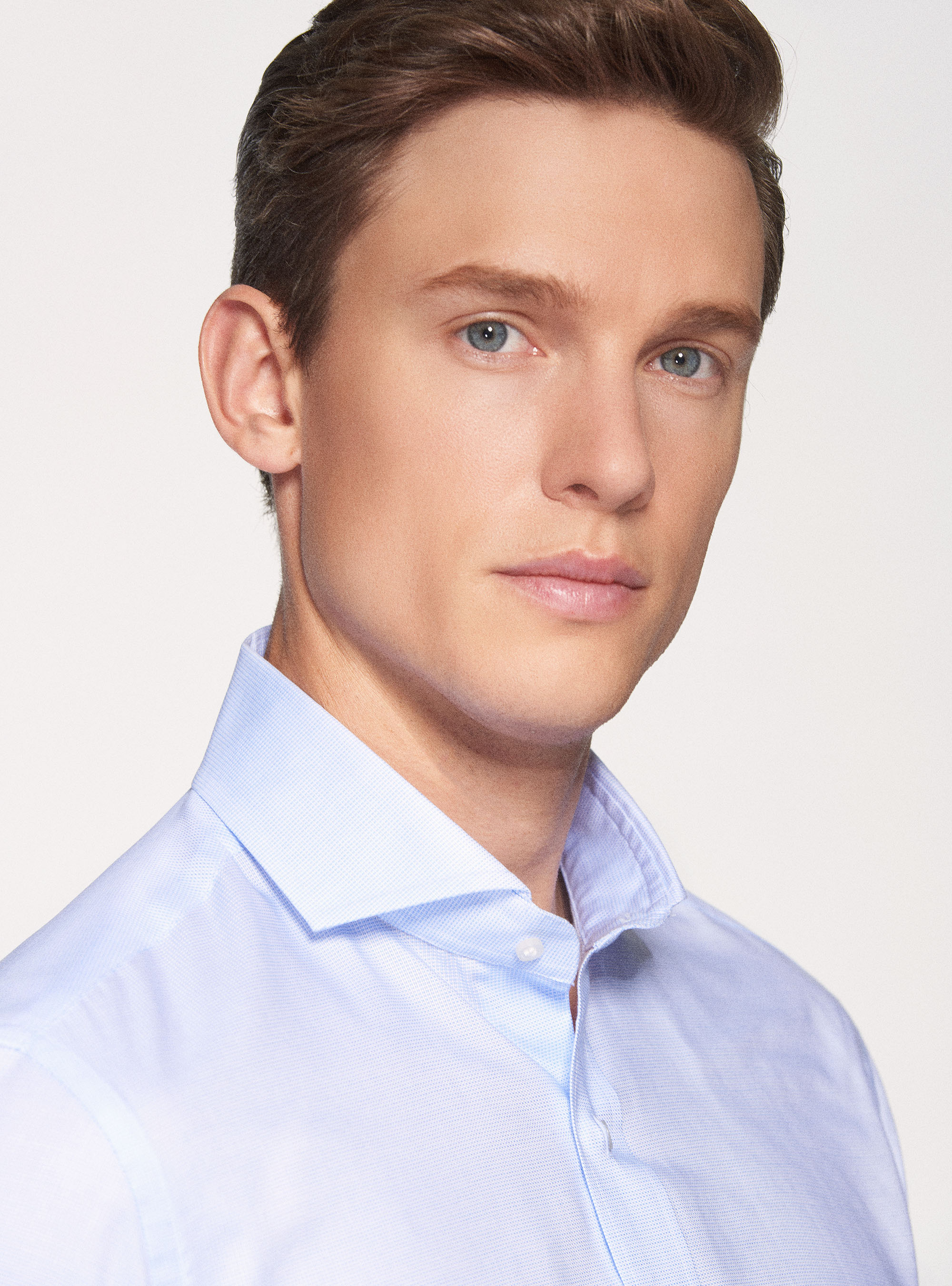 Camicia collo francese in cotone operato, AZZURRO